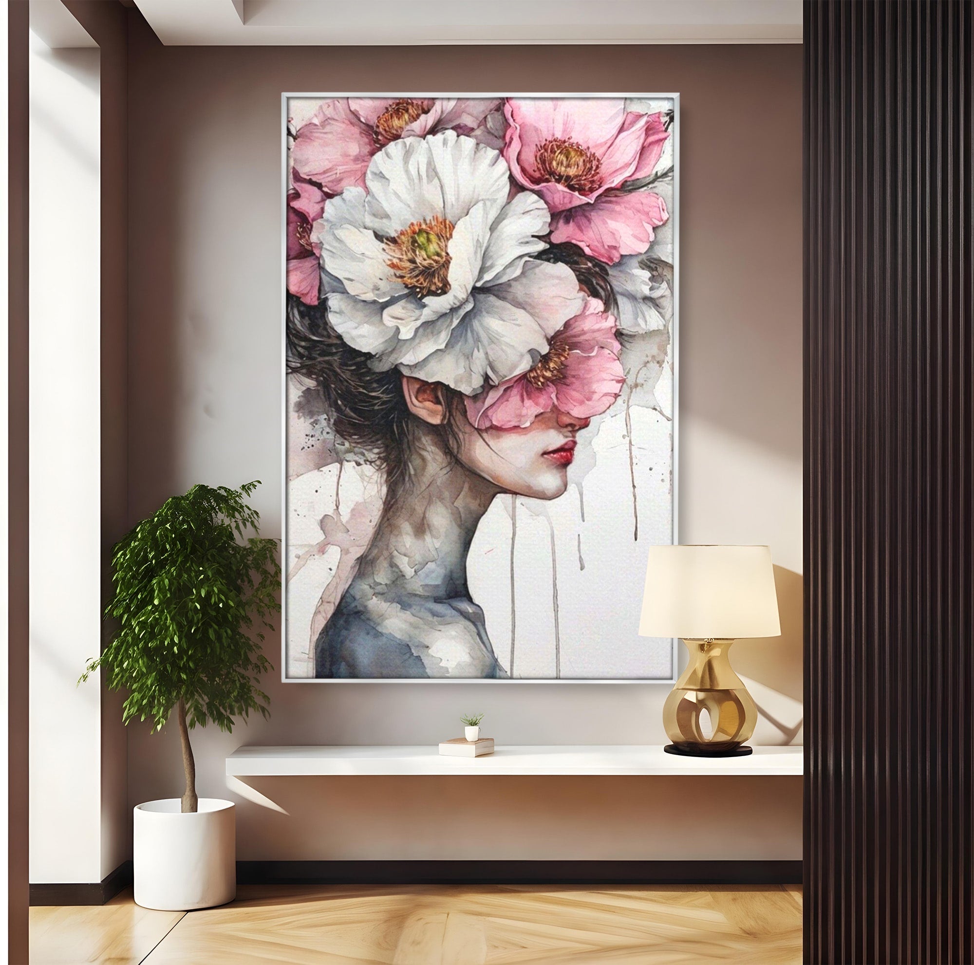 Tablou Canvas Premium LuxCanva® PI1052, Femeie Cu Flori Pe Cap, Femeie, Flori, Portret, Arta, Dormitor, Culori Vibrante
