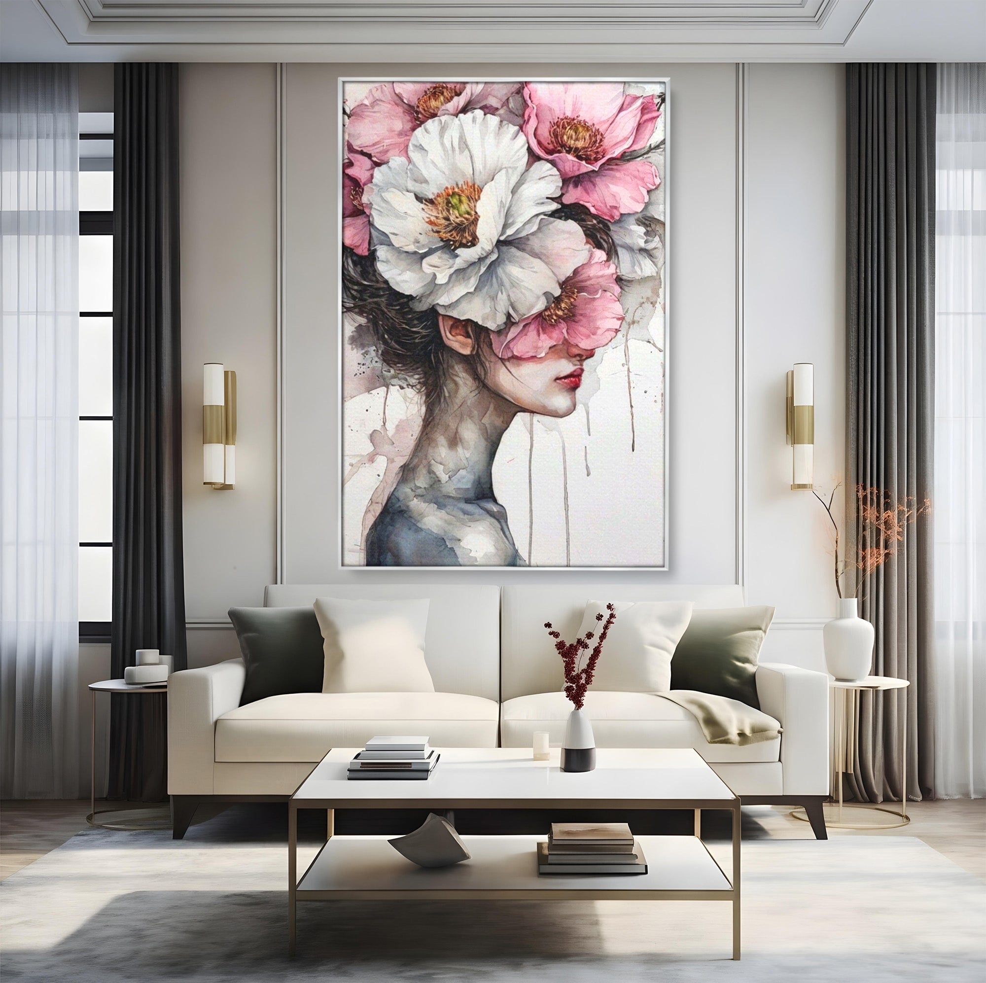 Tablou Canvas Premium LuxCanva® PI1052, Femeie Cu Flori Pe Cap, Femeie, Flori, Portret, Arta, Dormitor, Culori Vibrante