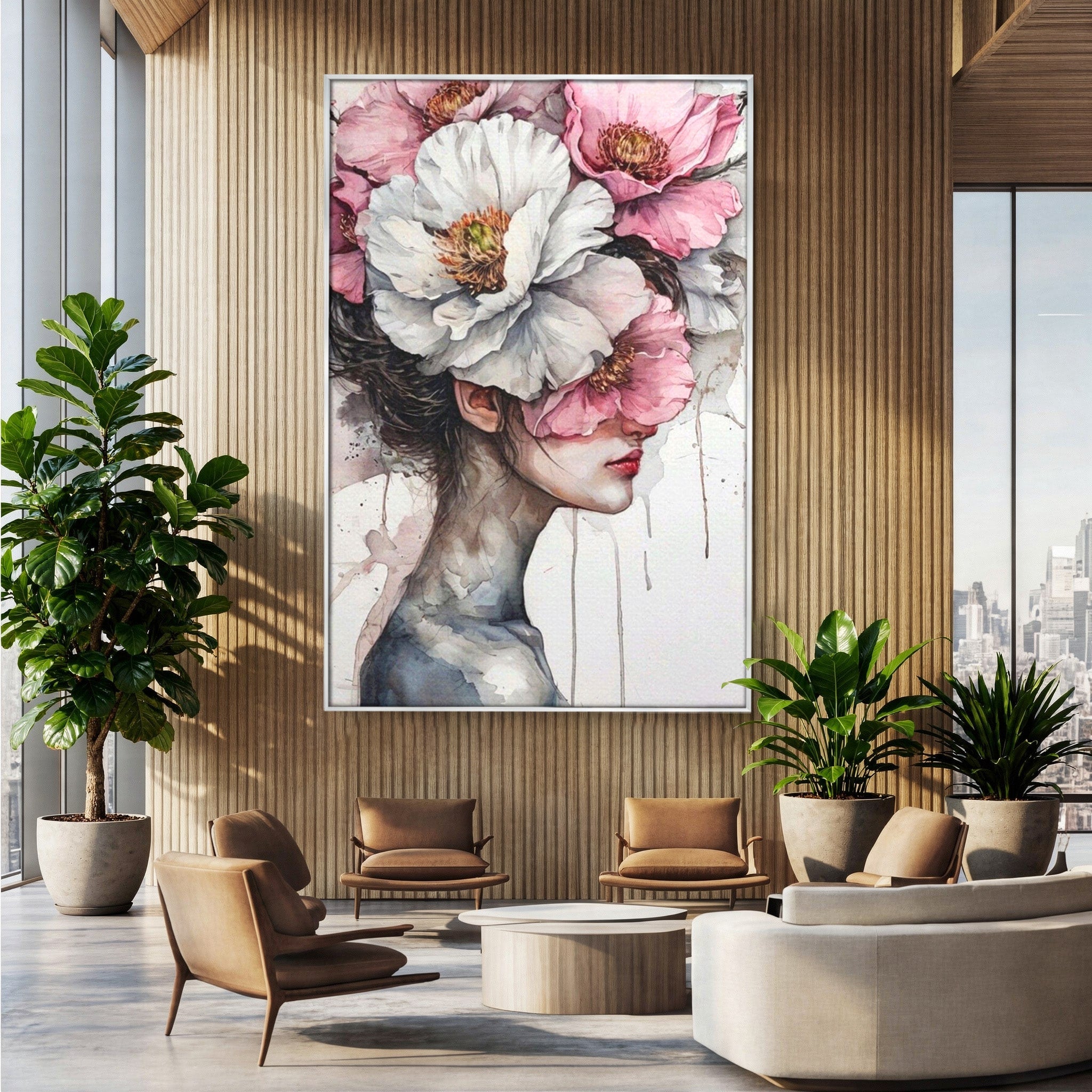 Tablou Canvas Premium LuxCanva® PI1052, Femeie Cu Flori Pe Cap, Femeie, Flori, Portret, Arta, Dormitor, Culori Vibrante