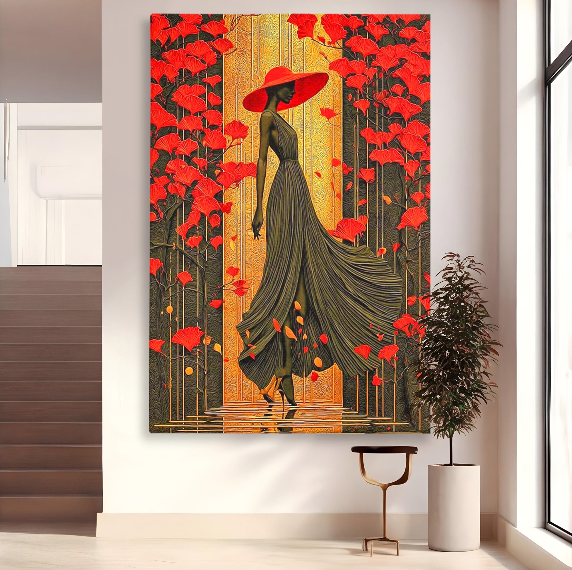 Tablou Canvas Premium LuxCanva® PI1053, Eleganta Rosie, Femeie, Moda, Flori, Eleganta, Living, Culori Vibrante
