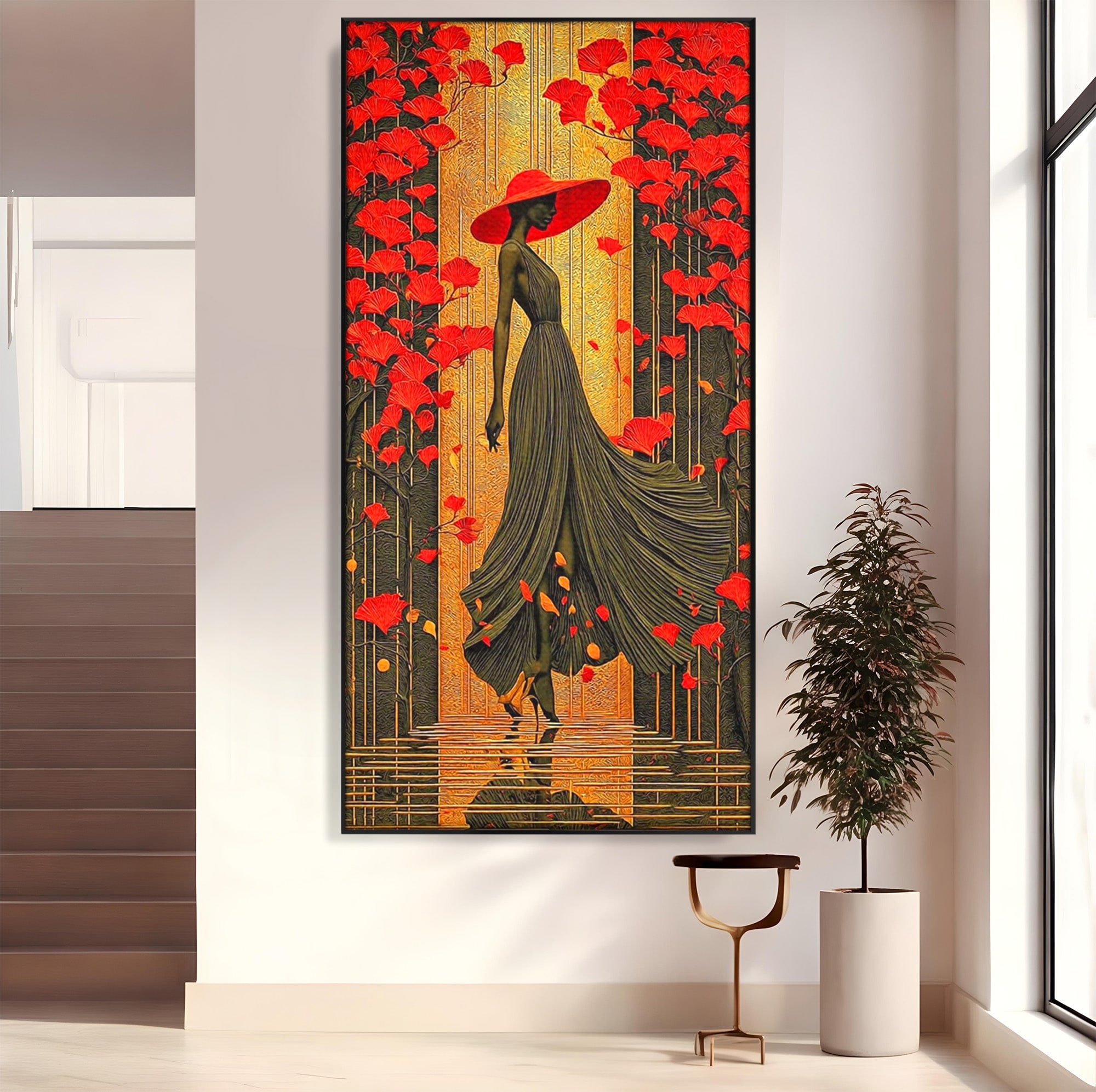 Tablou Canvas Premium LuxCanva® PI1053, Eleganta Rosie, Femeie, Moda, Flori, Eleganta, Living, Culori Vibrante
