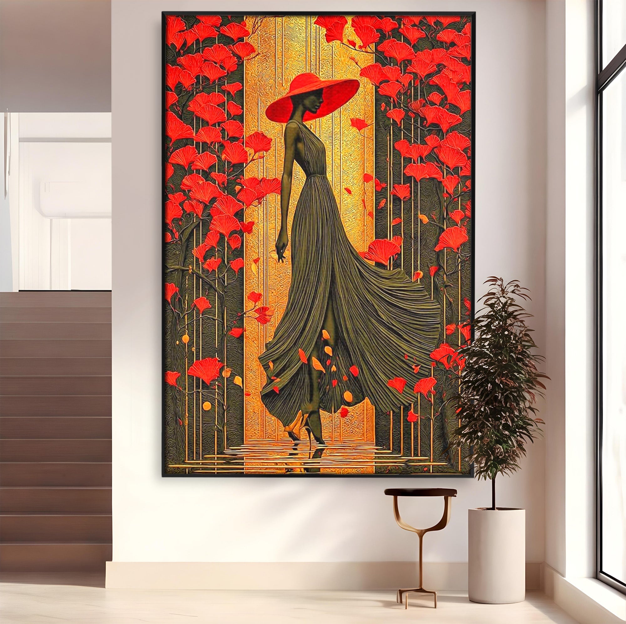 Tablou Canvas Premium LuxCanva® PI1053, Eleganta Rosie, Femeie, Moda, Flori, Eleganta, Living, Culori Vibrante