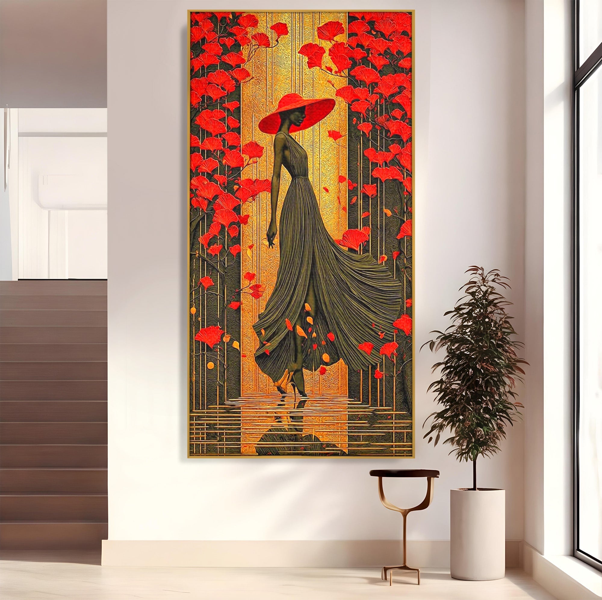 Tablou Canvas Premium LuxCanva® PI1053, Eleganta Rosie, Femeie, Moda, Flori, Eleganta, Living, Culori Vibrante