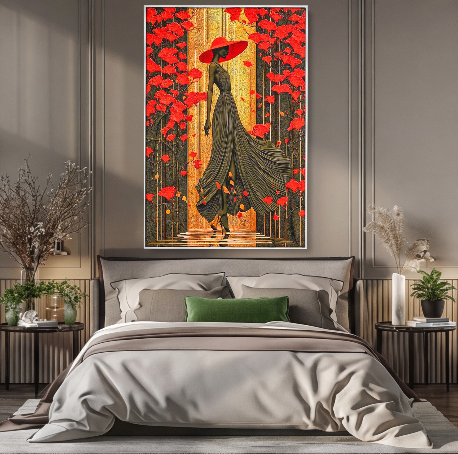Tablou Canvas Premium LuxCanva® PI1053, Eleganta Rosie, Femeie, Moda, Flori, Eleganta, Living, Culori Vibrante