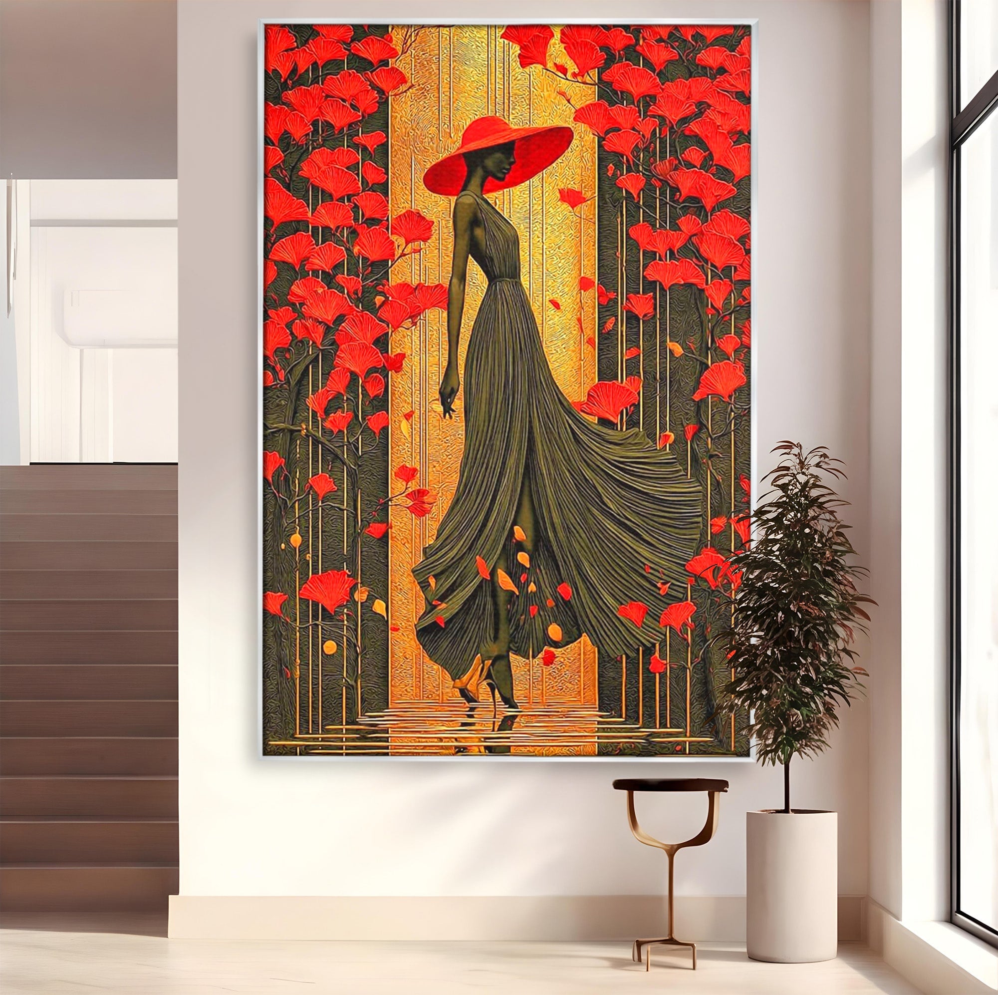 Tablou Canvas Premium LuxCanva® PI1053, Eleganta Rosie, Femeie, Moda, Flori, Eleganta, Living, Culori Vibrante