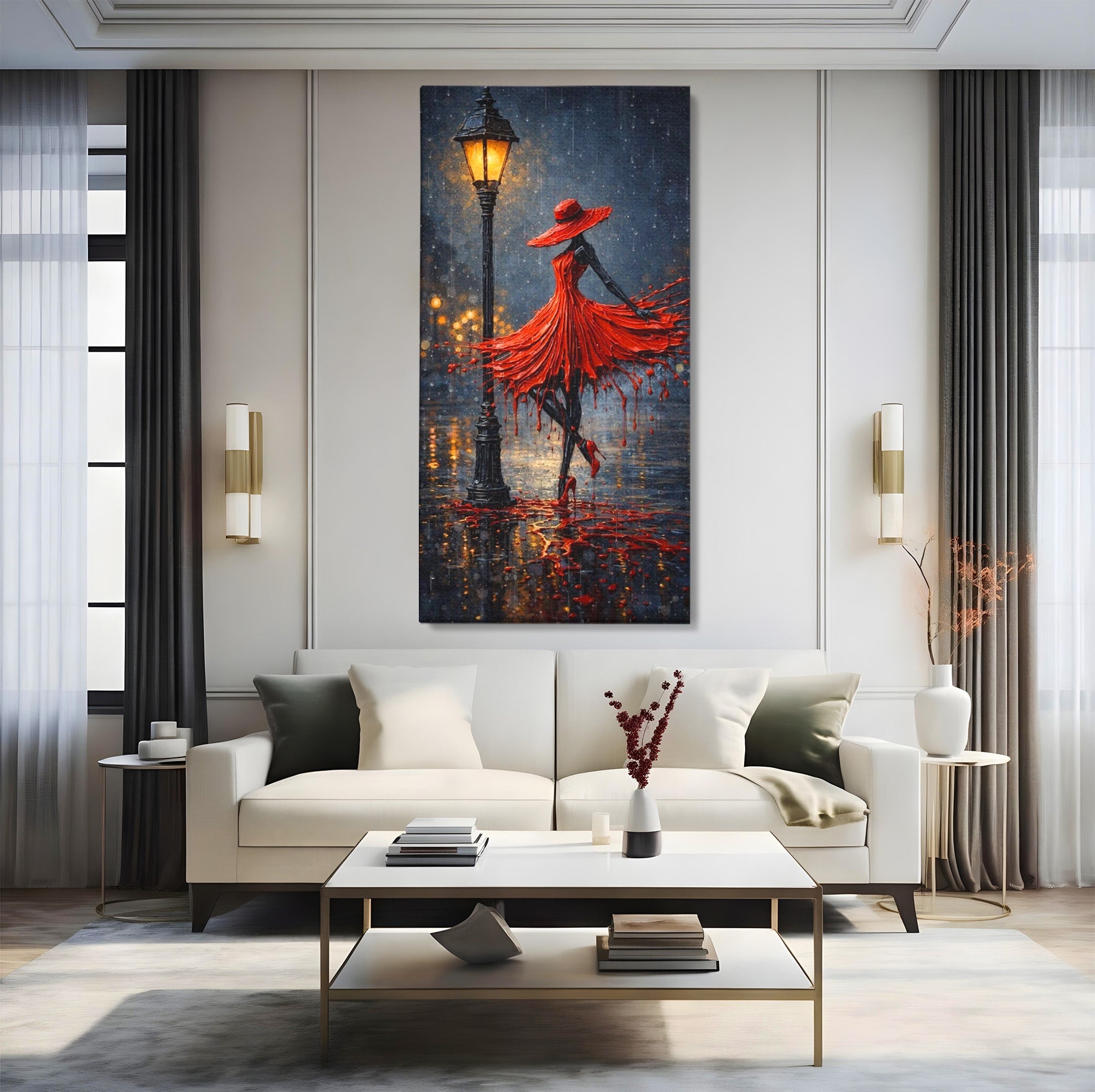 Tablou Canvas Premium LuxCanva® PI1054, Dansatoare In Ploaie, Dansatoare, Ploaie, Lampadar, Romantic, Living, Dormitor, Culori Vibrante