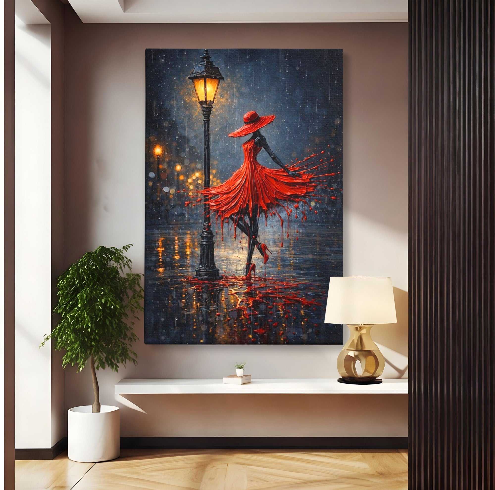 Tablou Canvas Premium LuxCanva® PI1054, Dansatoare In Ploaie, Dansatoare, Ploaie, Lampadar, Romantic, Living, Dormitor, Culori Vibrante