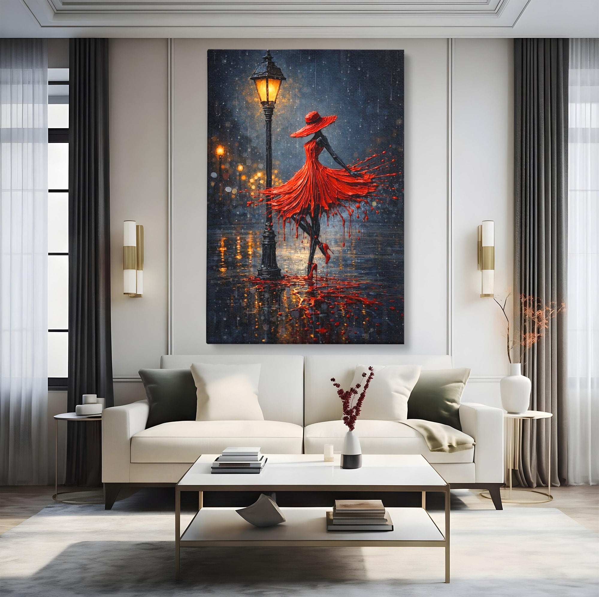 Tablou Canvas Premium LuxCanva® PI1054, Dansatoare In Ploaie, Dansatoare, Ploaie, Lampadar, Romantic, Living, Dormitor, Culori Vibrante