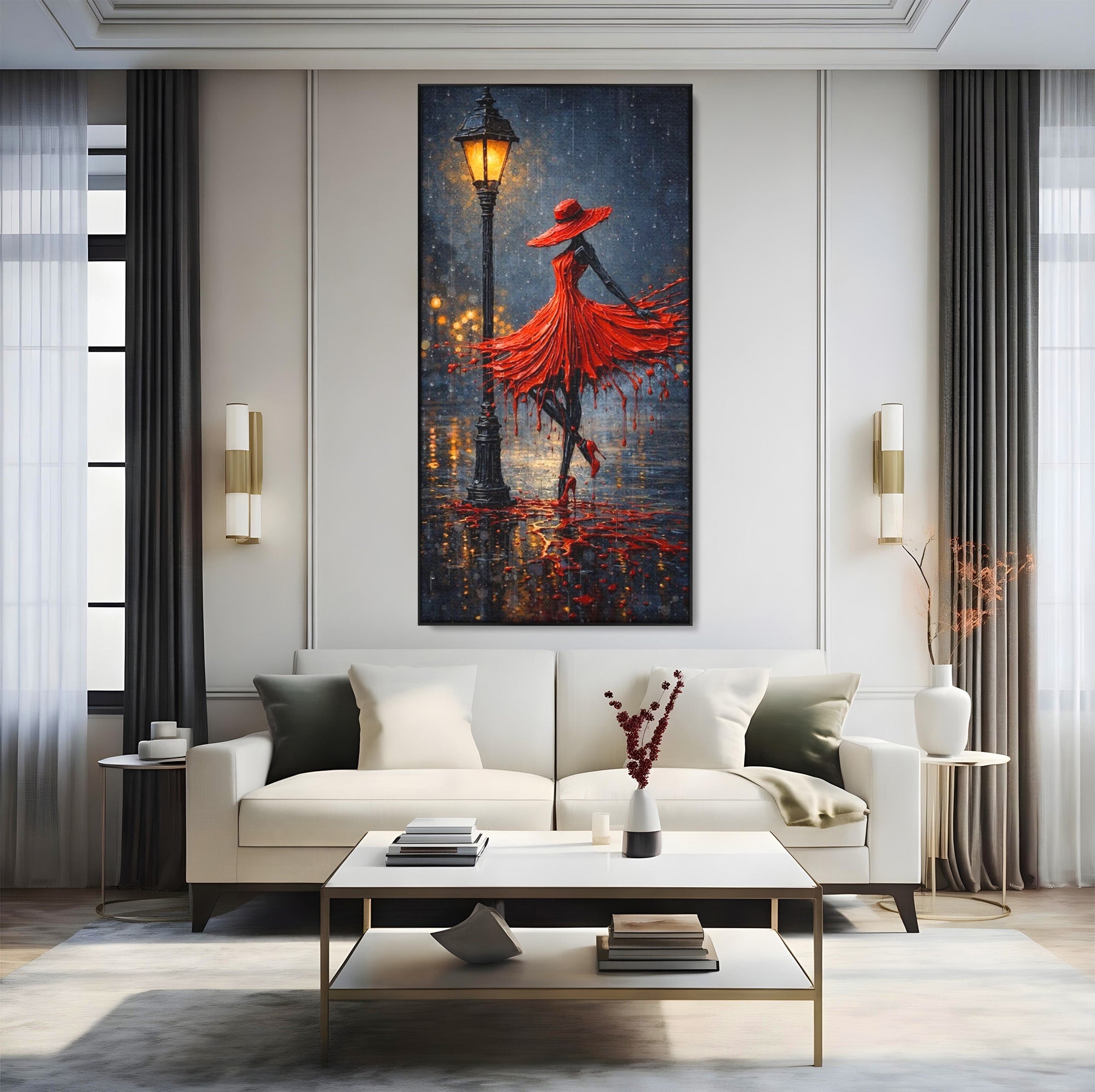 Tablou Canvas Premium LuxCanva® PI1054, Dansatoare In Ploaie, Dansatoare, Ploaie, Lampadar, Romantic, Living, Dormitor, Culori Vibrante