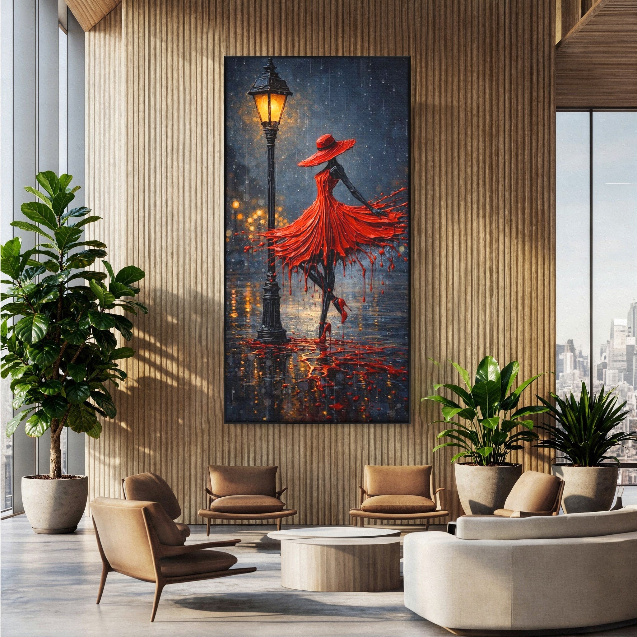 Tablou Canvas Premium LuxCanva® PI1054, Dansatoare In Ploaie, Dansatoare, Ploaie, Lampadar, Romantic, Living, Dormitor, Culori Vibrante