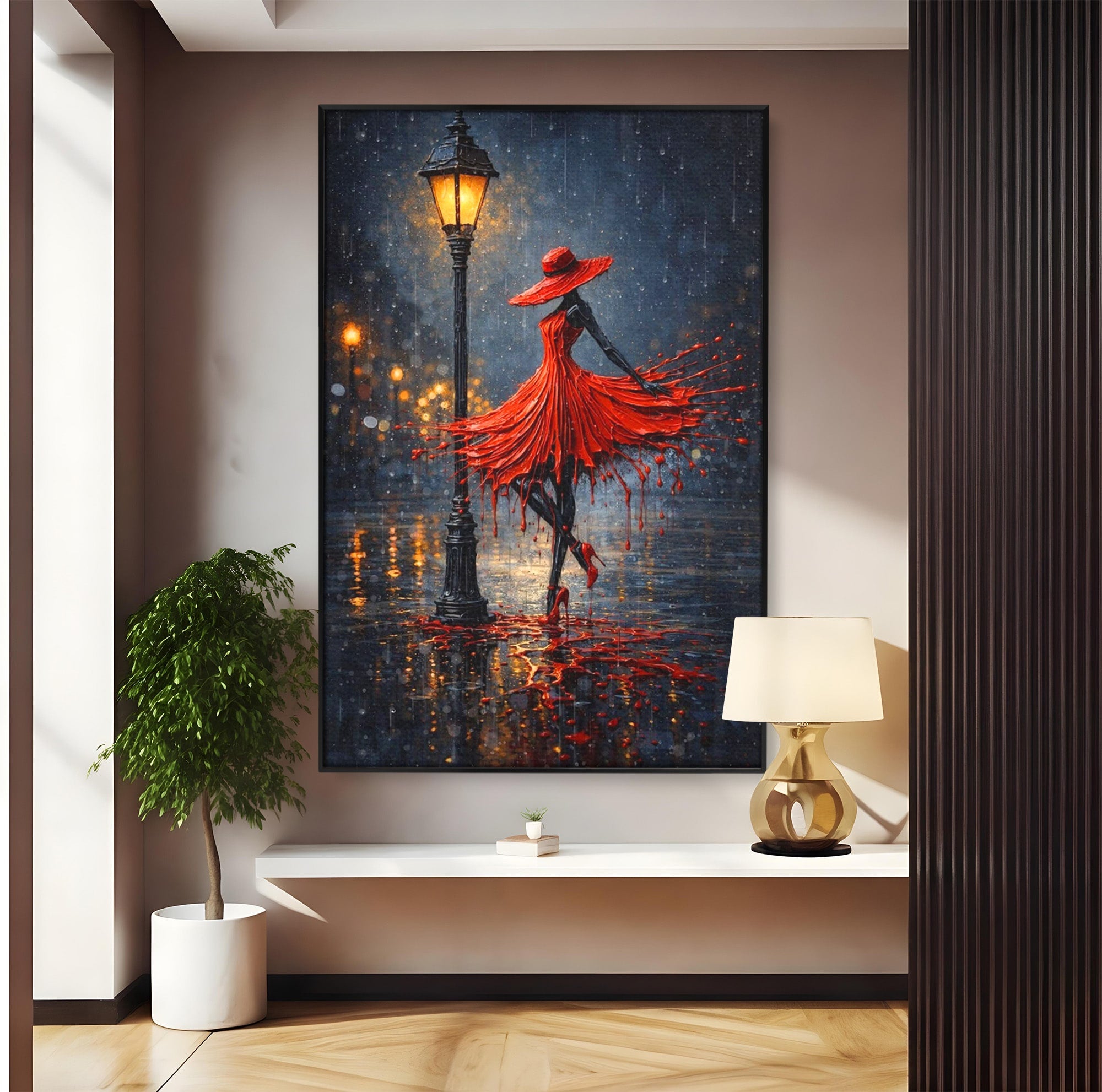 Tablou Canvas Premium LuxCanva® PI1054, Dansatoare In Ploaie, Dansatoare, Ploaie, Lampadar, Romantic, Living, Dormitor, Culori Vibrante