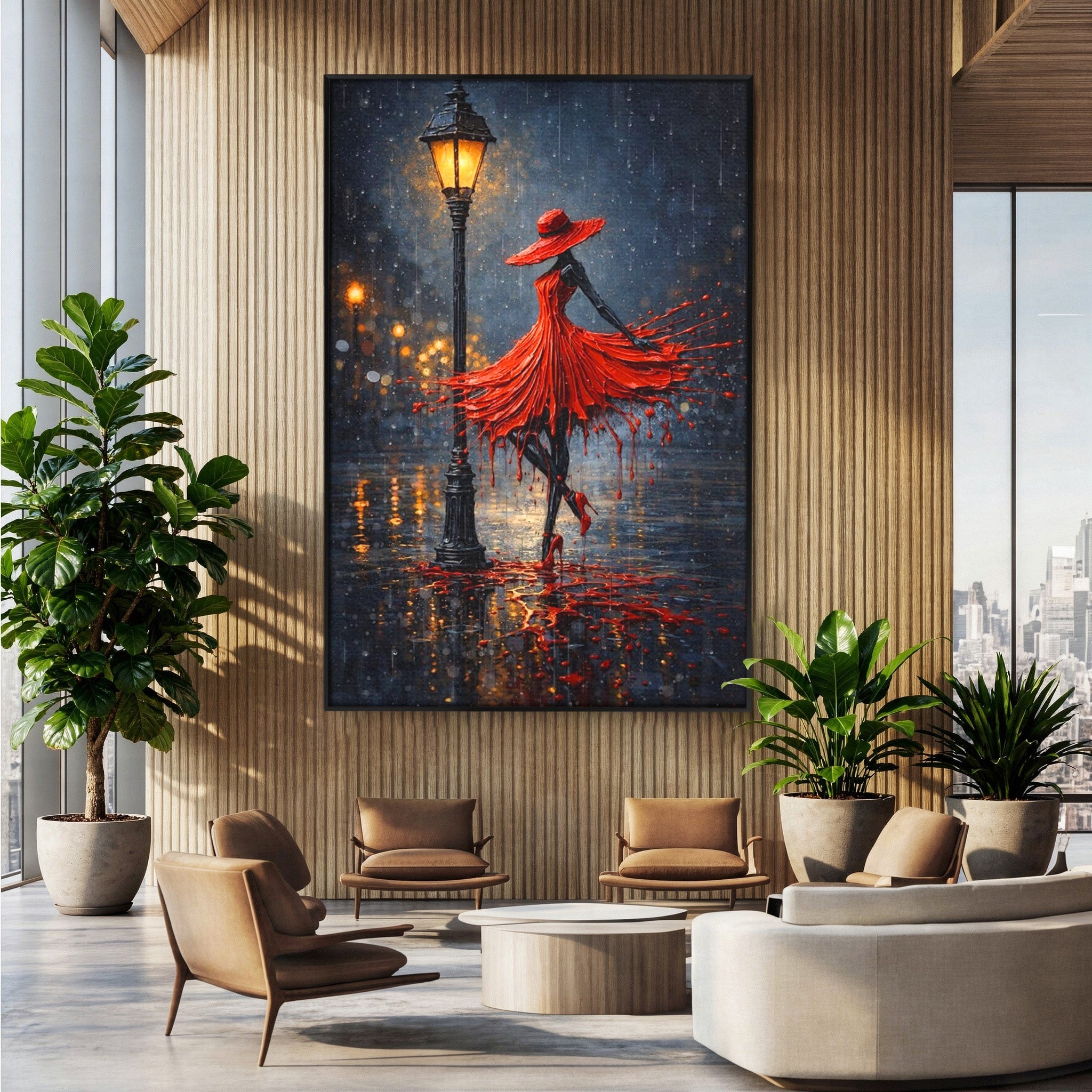 Tablou Canvas Premium LuxCanva® PI1054, Dansatoare In Ploaie, Dansatoare, Ploaie, Lampadar, Romantic, Living, Dormitor, Culori Vibrante