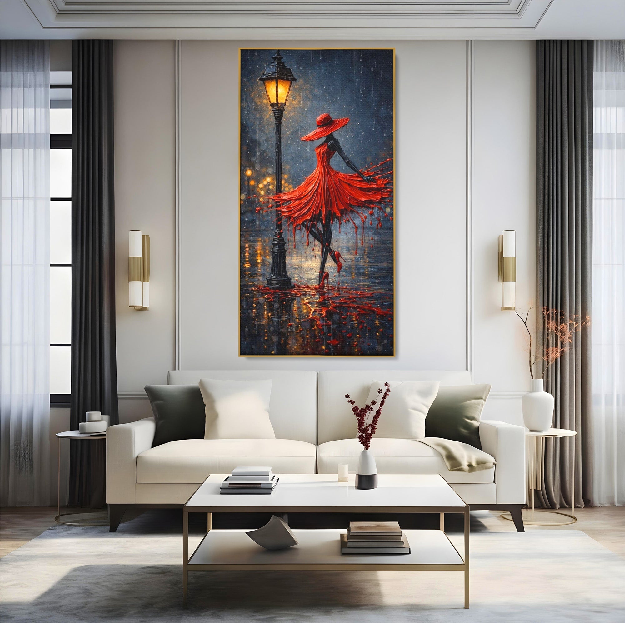Tablou Canvas Premium LuxCanva® PI1054, Dansatoare In Ploaie, Dansatoare, Ploaie, Lampadar, Romantic, Living, Dormitor, Culori Vibrante