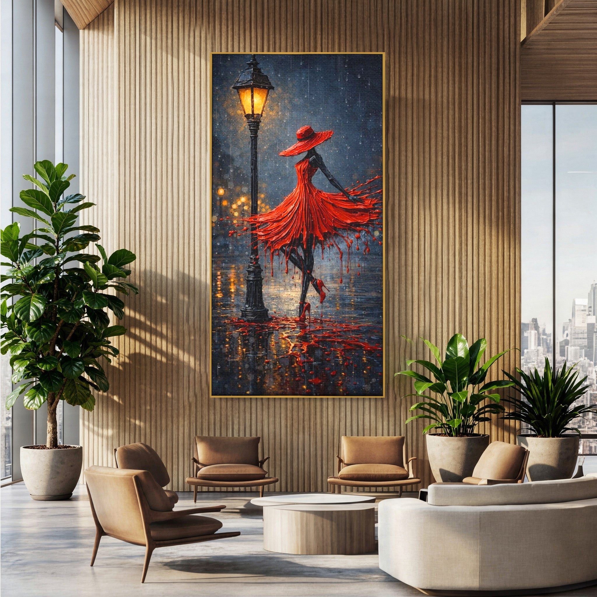Tablou Canvas Premium LuxCanva® PI1054, Dansatoare In Ploaie, Dansatoare, Ploaie, Lampadar, Romantic, Living, Dormitor, Culori Vibrante