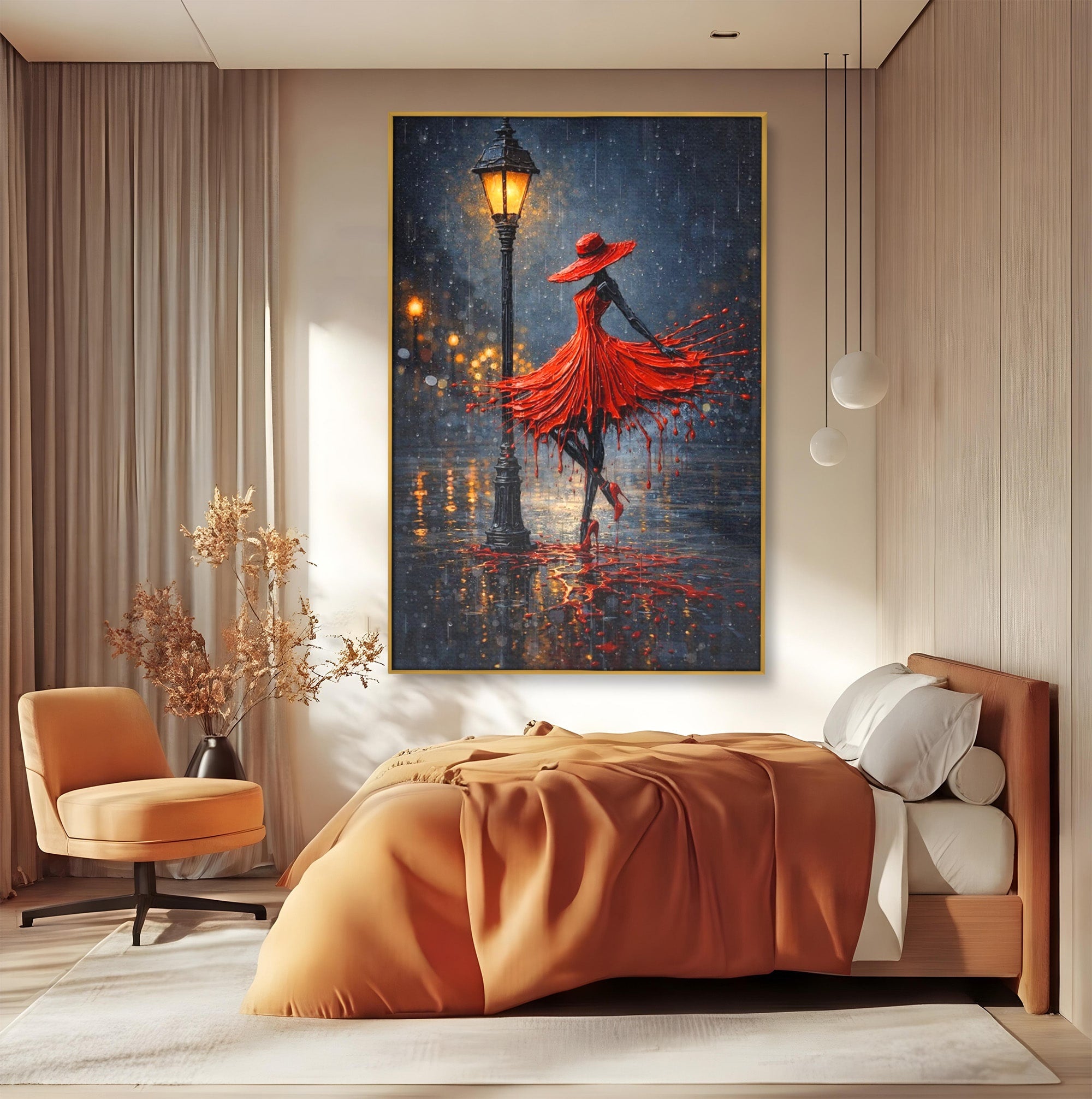 Tablou Canvas Premium LuxCanva® PI1054, Dansatoare In Ploaie, Dansatoare, Ploaie, Lampadar, Romantic, Living, Dormitor, Culori Vibrante