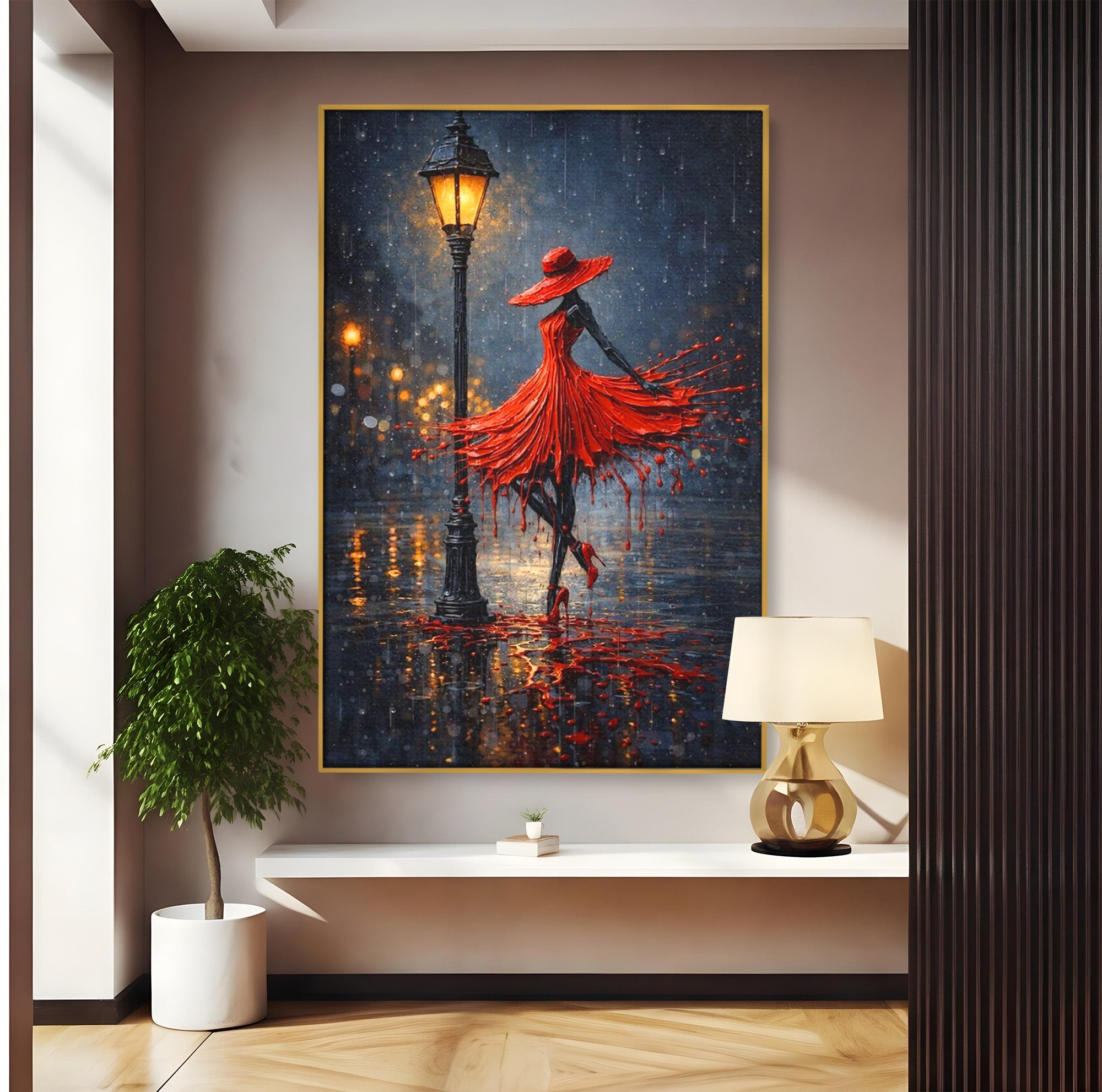 Tablou Canvas Premium LuxCanva® PI1054, Dansatoare In Ploaie, Dansatoare, Ploaie, Lampadar, Romantic, Living, Dormitor, Culori Vibrante