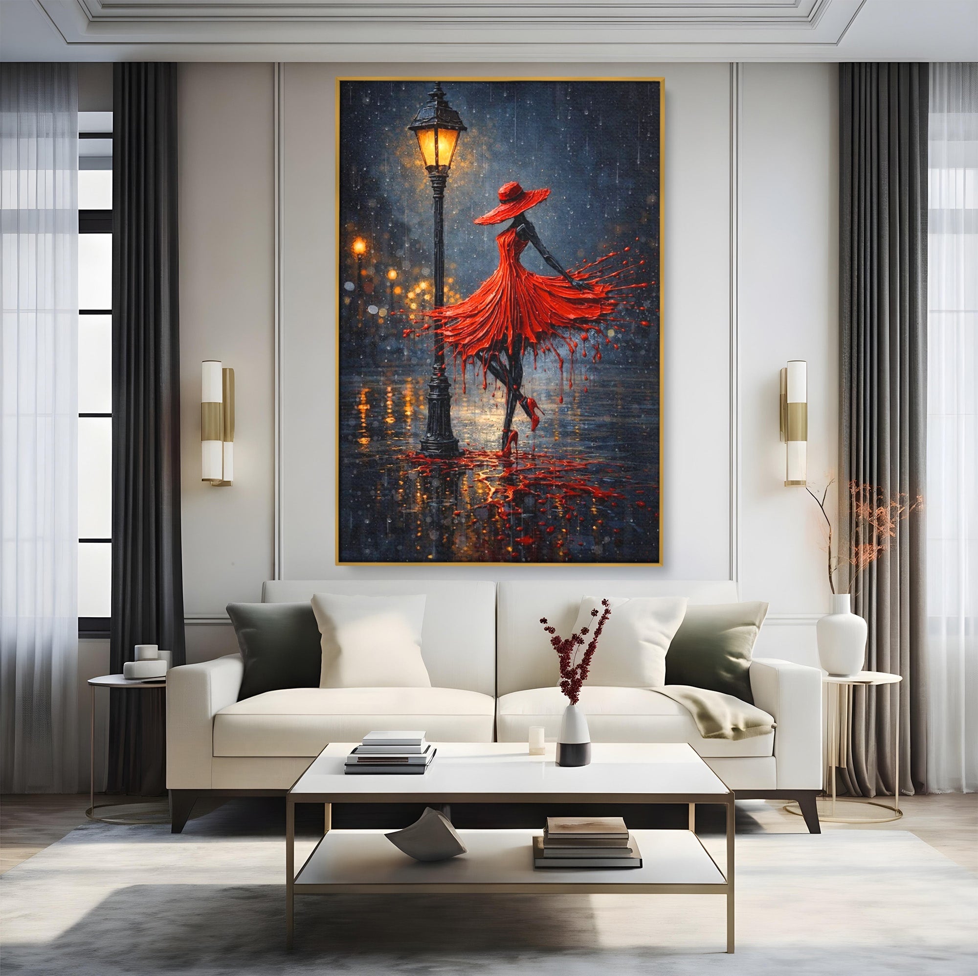 Tablou Canvas Premium LuxCanva® PI1054, Dansatoare In Ploaie, Dansatoare, Ploaie, Lampadar, Romantic, Living, Dormitor, Culori Vibrante