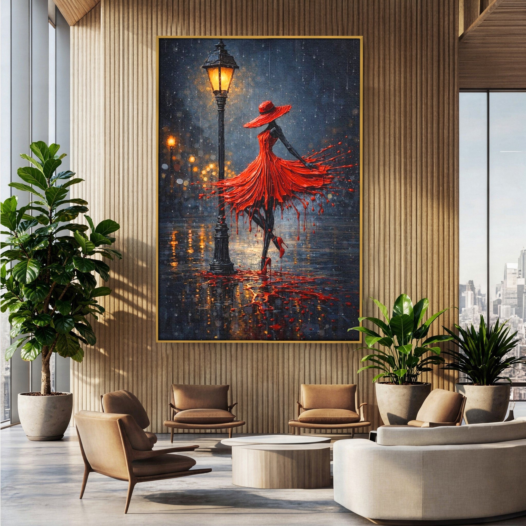 Tablou Canvas Premium LuxCanva® PI1054, Dansatoare In Ploaie, Dansatoare, Ploaie, Lampadar, Romantic, Living, Dormitor, Culori Vibrante