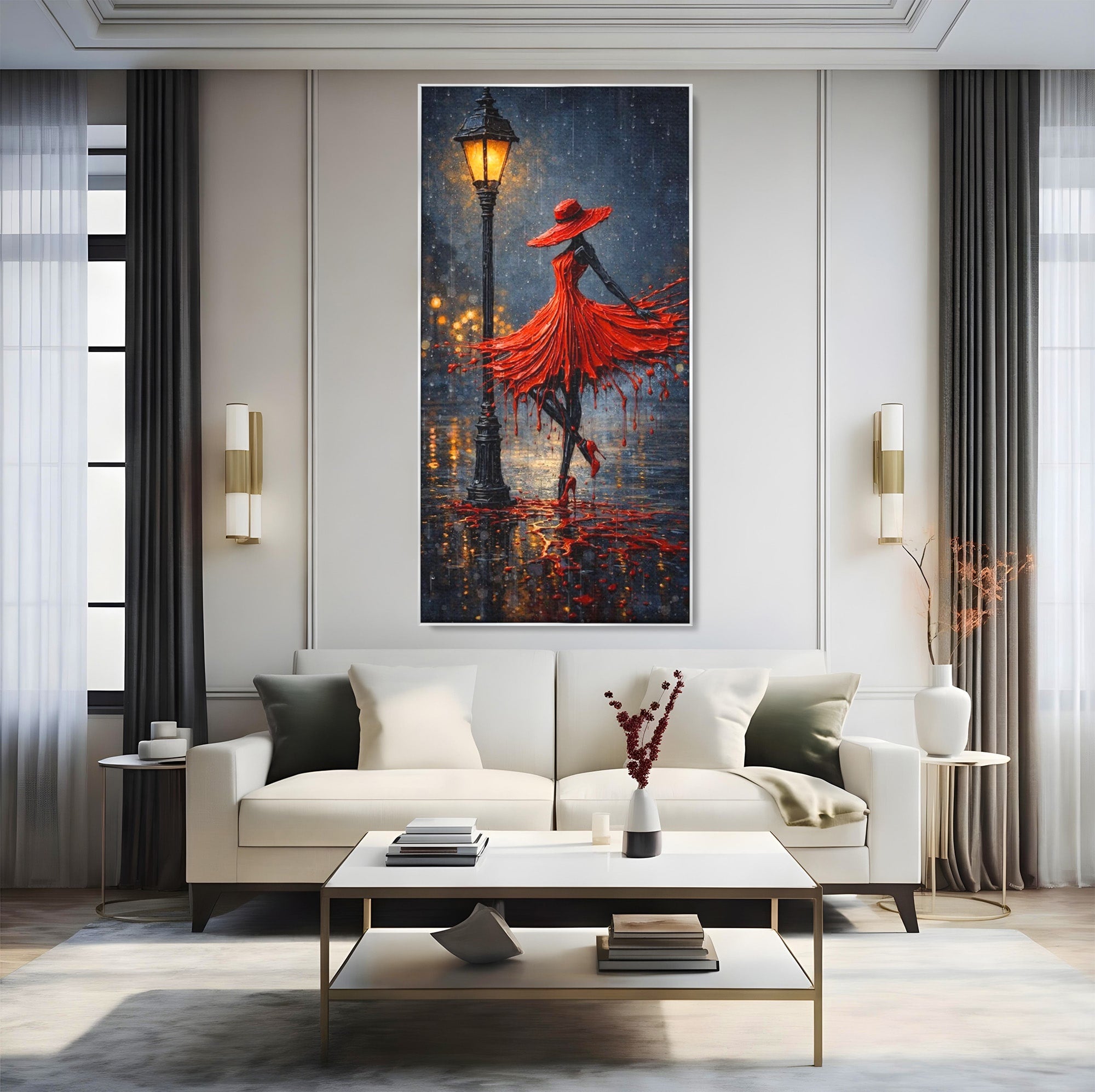 Tablou Canvas Premium LuxCanva® PI1054, Dansatoare In Ploaie, Dansatoare, Ploaie, Lampadar, Romantic, Living, Dormitor, Culori Vibrante