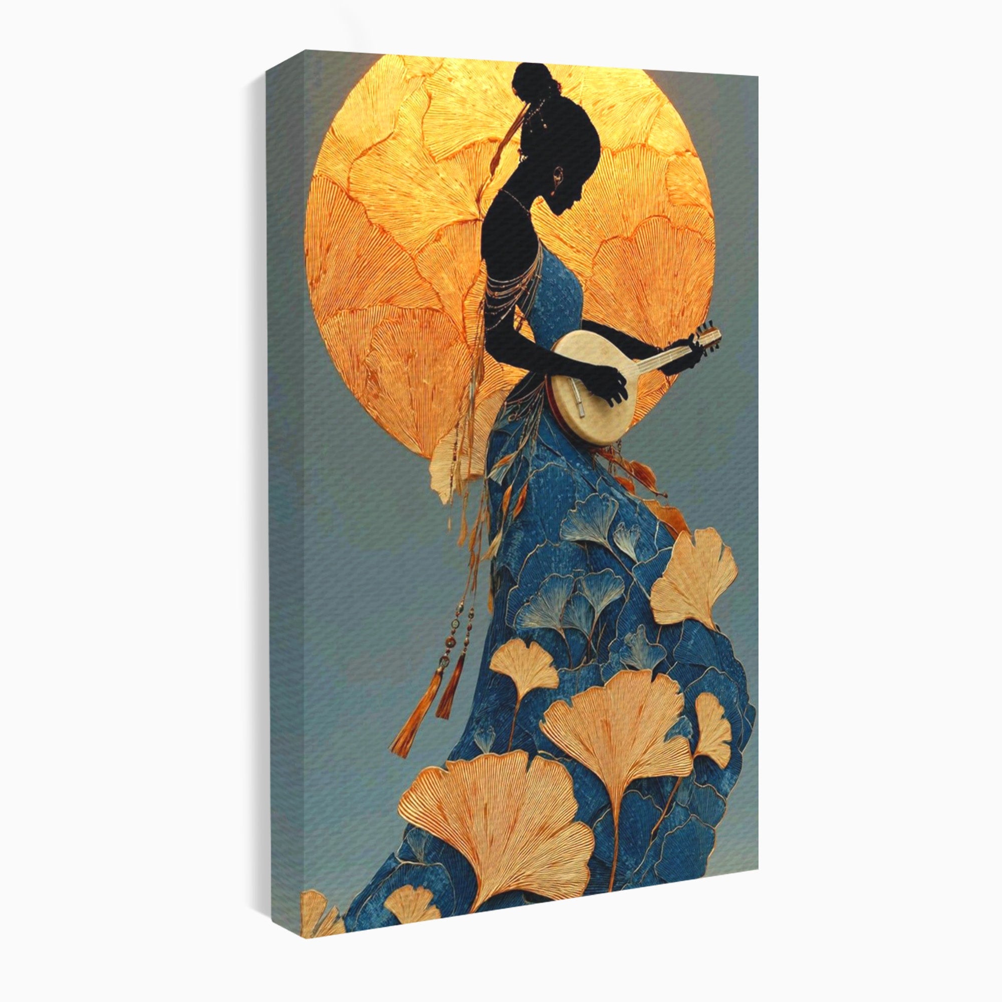 Tablou Canvas Premium LuxCanva® PI1058, Silueta Muzicala Sub Luna, Instrument, Muzica, Luna, Living, Arta, Culori Vibrante