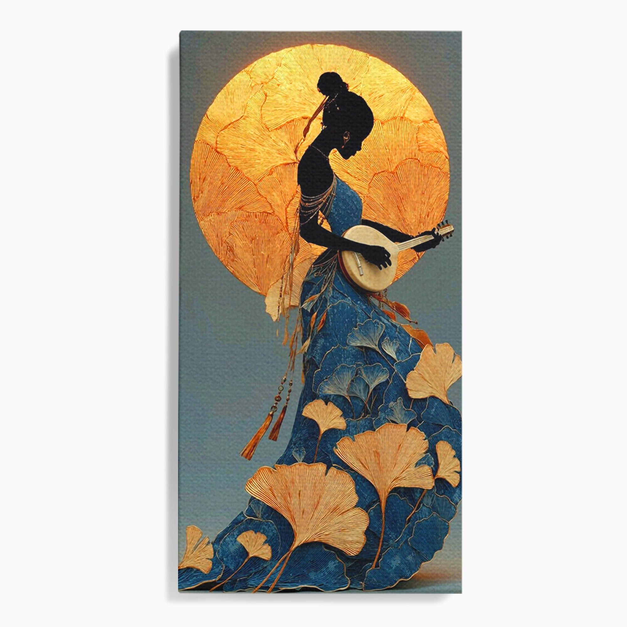Tablou Canvas Premium LuxCanva® PI1058, Silueta Muzicala Sub Luna, Instrument, Muzica, Luna, Living, Arta, Culori Vibrante