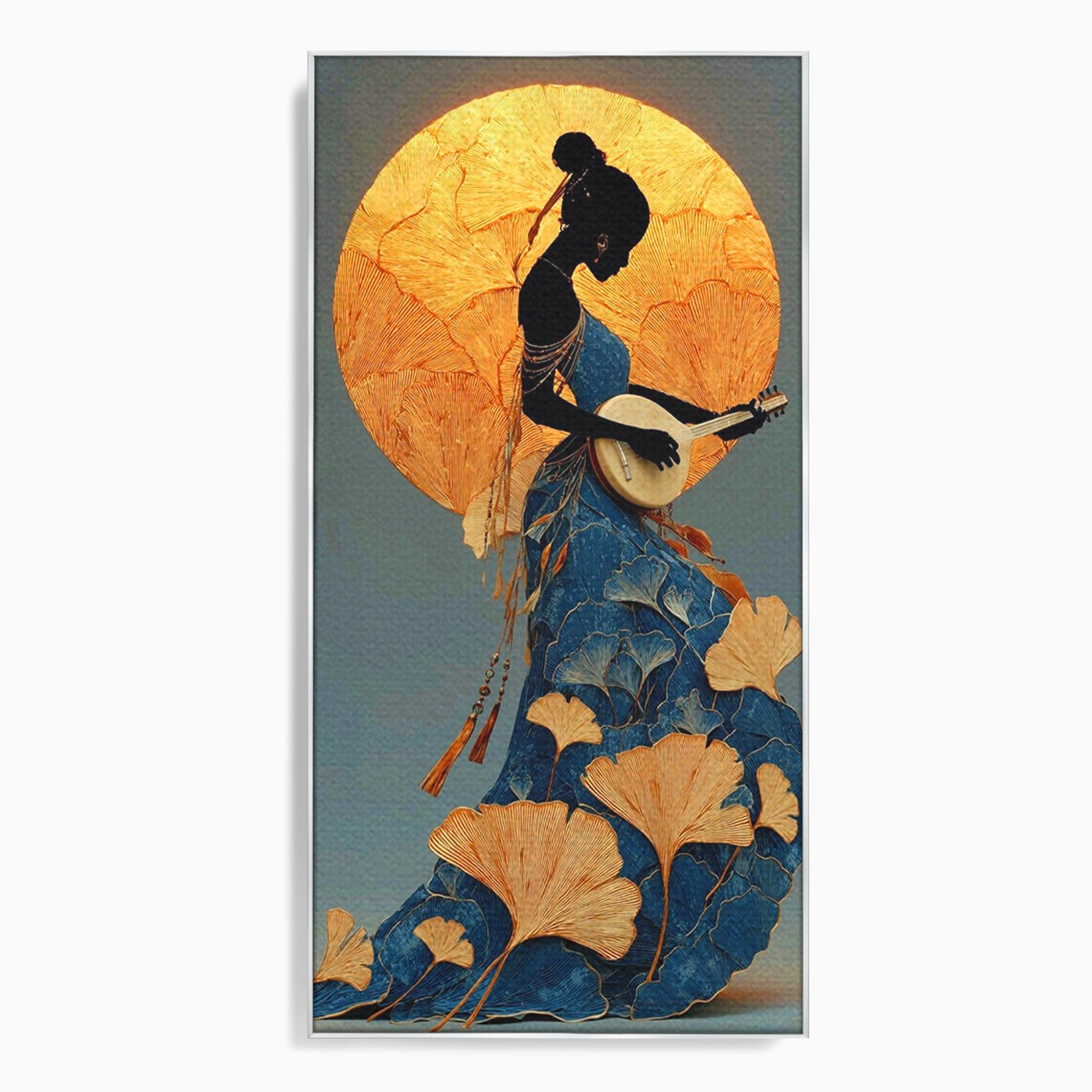 Tablou Canvas Premium LuxCanva® PI1058, Silueta Muzicala Sub Luna, Instrument, Muzica, Luna, Living, Arta, Culori Vibrante