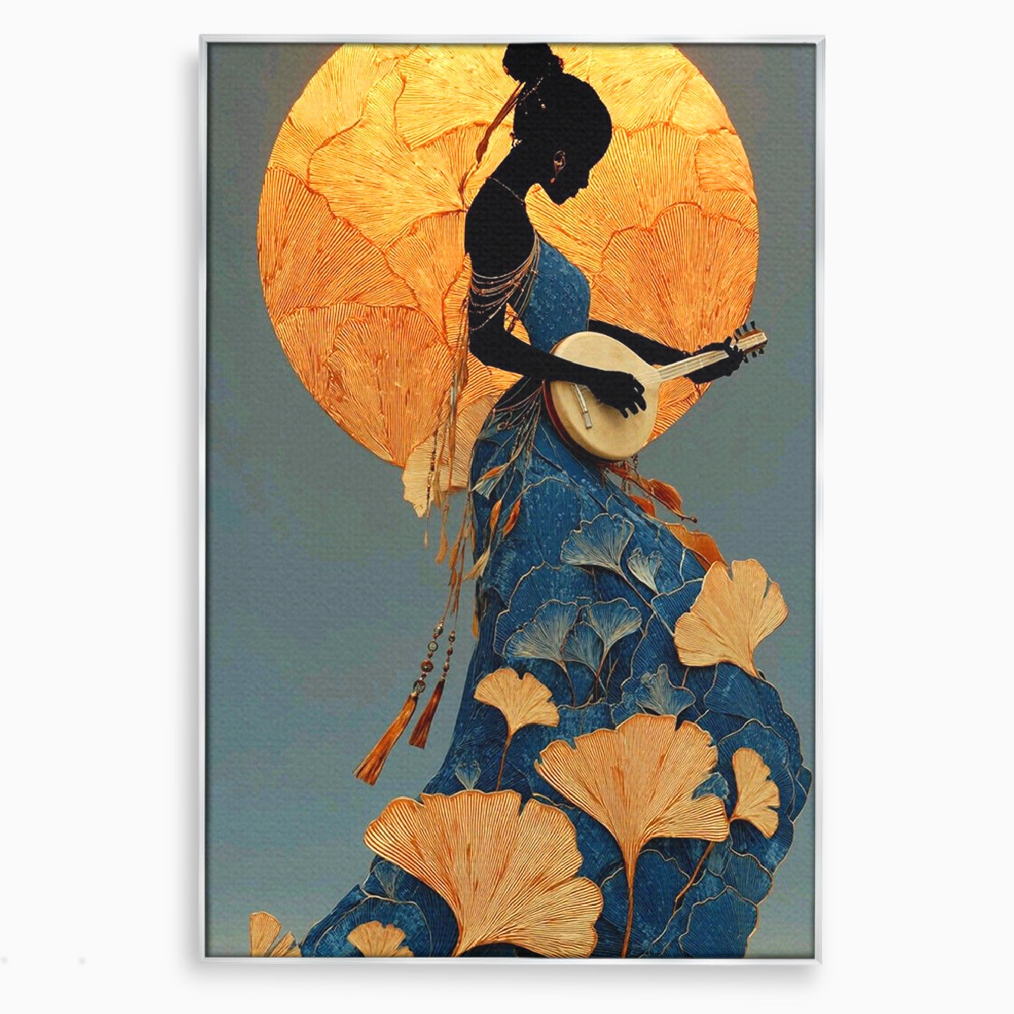 Tablou Canvas Premium LuxCanva® PI1058, Silueta Muzicala Sub Luna, Instrument, Muzica, Luna, Living, Arta, Culori Vibrante