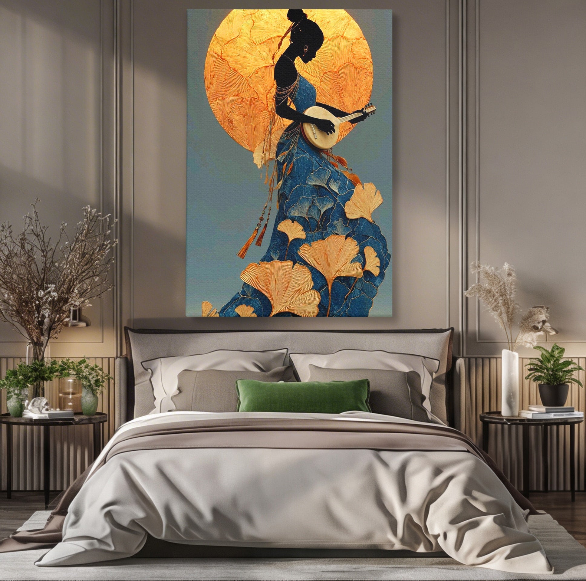 Tablou Canvas Premium LuxCanva® PI1058, Silueta Muzicala Sub Luna, Instrument, Muzica, Luna, Living, Arta, Culori Vibrante