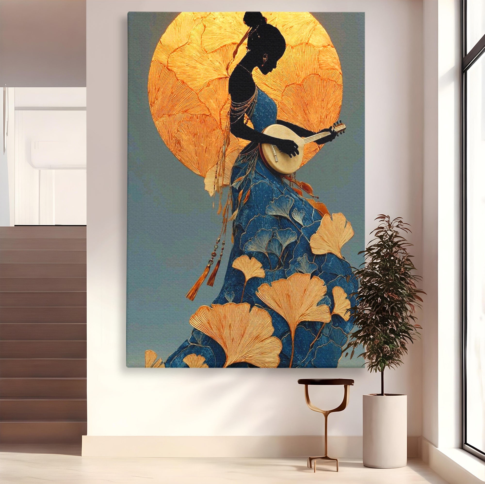 Tablou Canvas Premium LuxCanva® PI1058, Silueta Muzicala Sub Luna, Instrument, Muzica, Luna, Living, Arta, Culori Vibrante