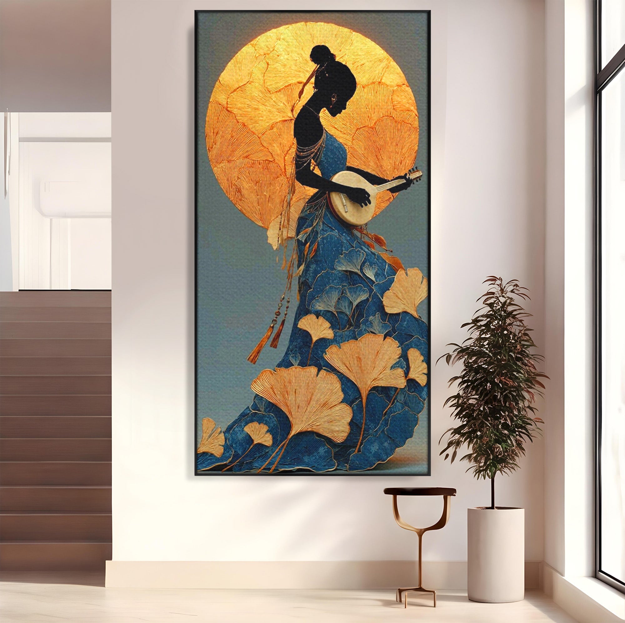 Tablou Canvas Premium LuxCanva® PI1058, Silueta Muzicala Sub Luna, Instrument, Muzica, Luna, Living, Arta, Culori Vibrante