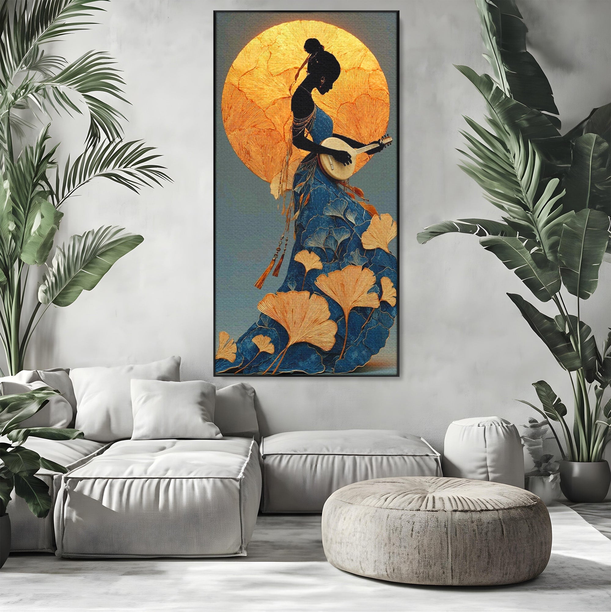 Tablou Canvas Premium LuxCanva® PI1058, Silueta Muzicala Sub Luna, Instrument, Muzica, Luna, Living, Arta, Culori Vibrante
