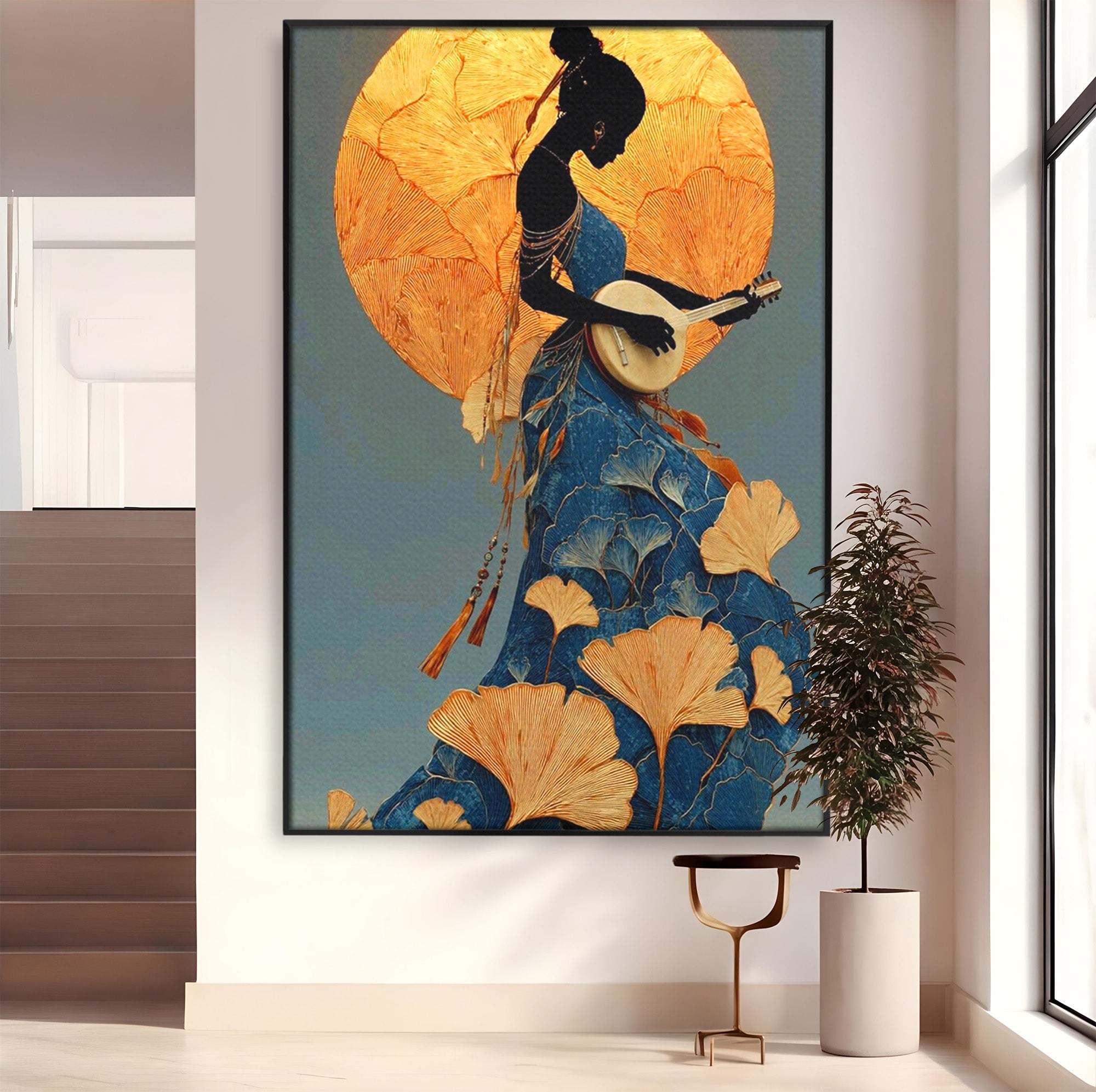 Tablou Canvas Premium LuxCanva® PI1058, Silueta Muzicala Sub Luna, Instrument, Muzica, Luna, Living, Arta, Culori Vibrante