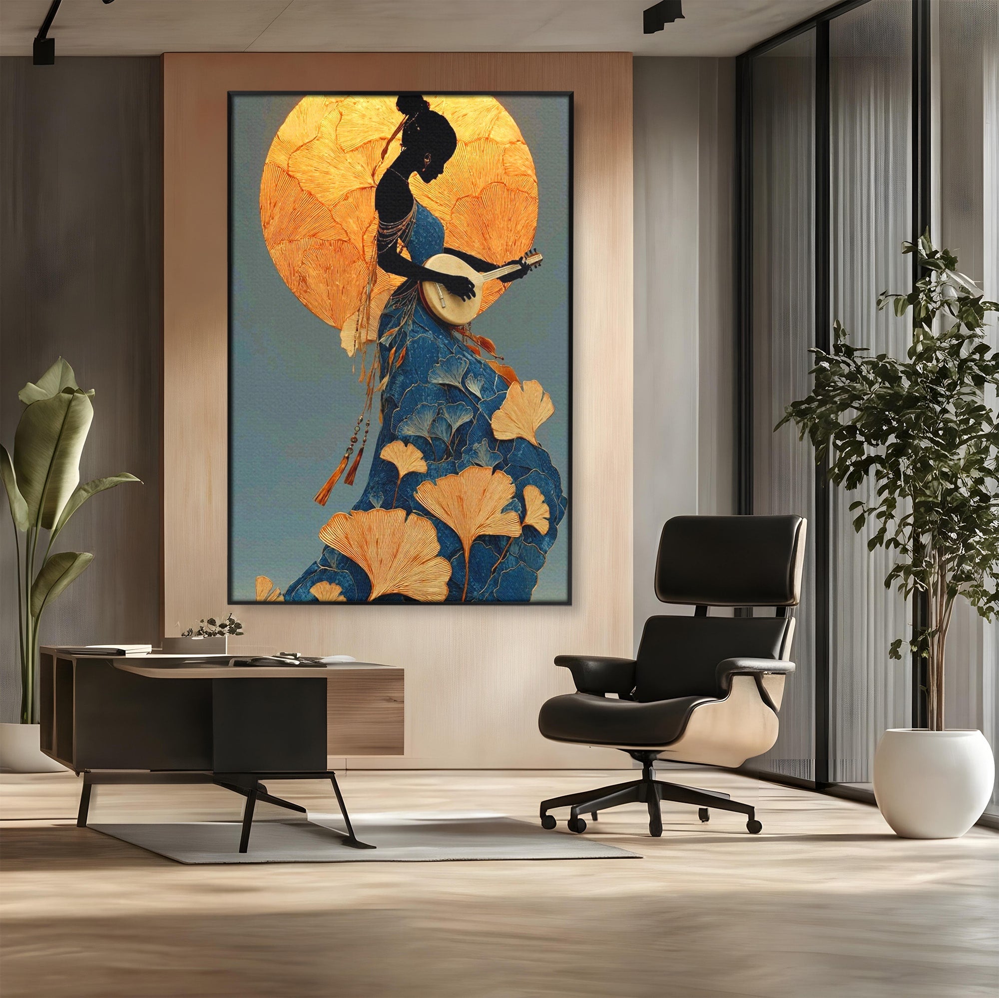 Tablou Canvas Premium LuxCanva® PI1058, Silueta Muzicala Sub Luna, Instrument, Muzica, Luna, Living, Arta, Culori Vibrante