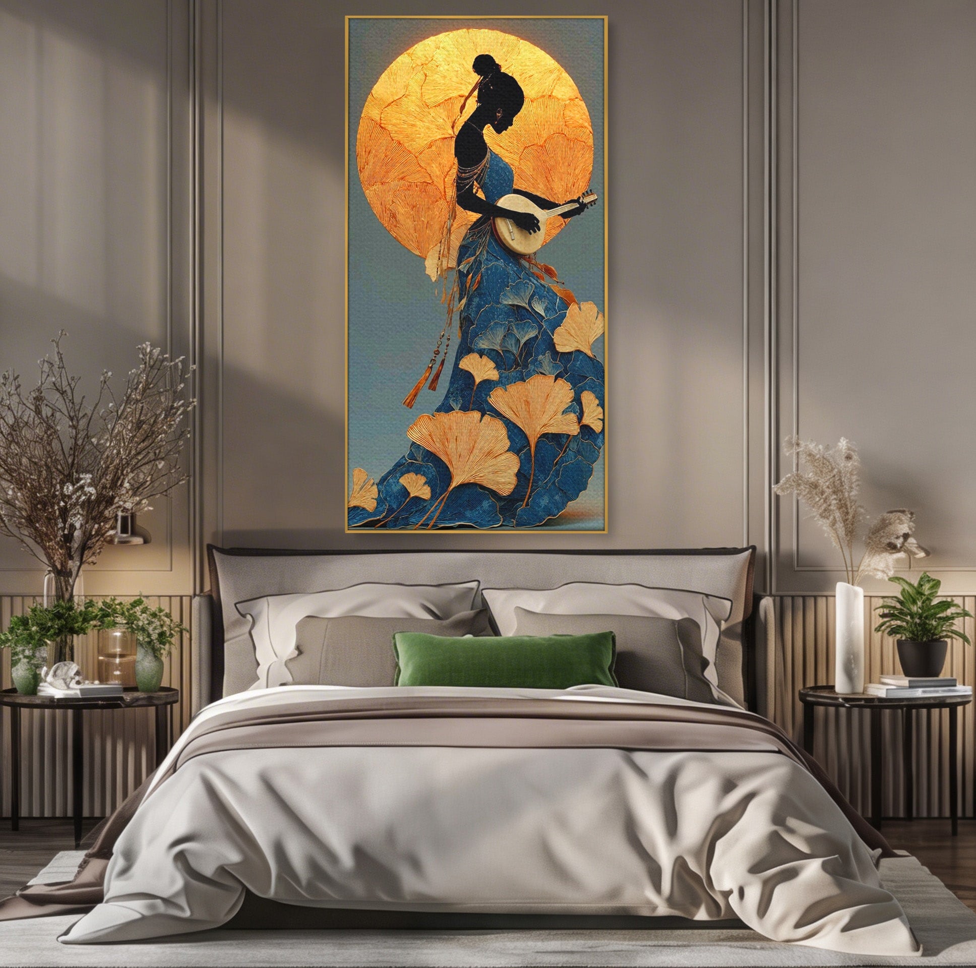 Tablou Canvas Premium LuxCanva® PI1058, Silueta Muzicala Sub Luna, Instrument, Muzica, Luna, Living, Arta, Culori Vibrante