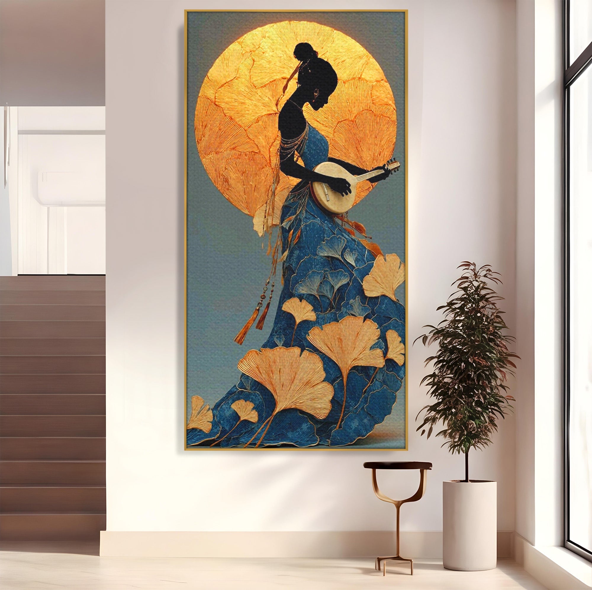 Tablou Canvas Premium LuxCanva® PI1058, Silueta Muzicala Sub Luna, Instrument, Muzica, Luna, Living, Arta, Culori Vibrante