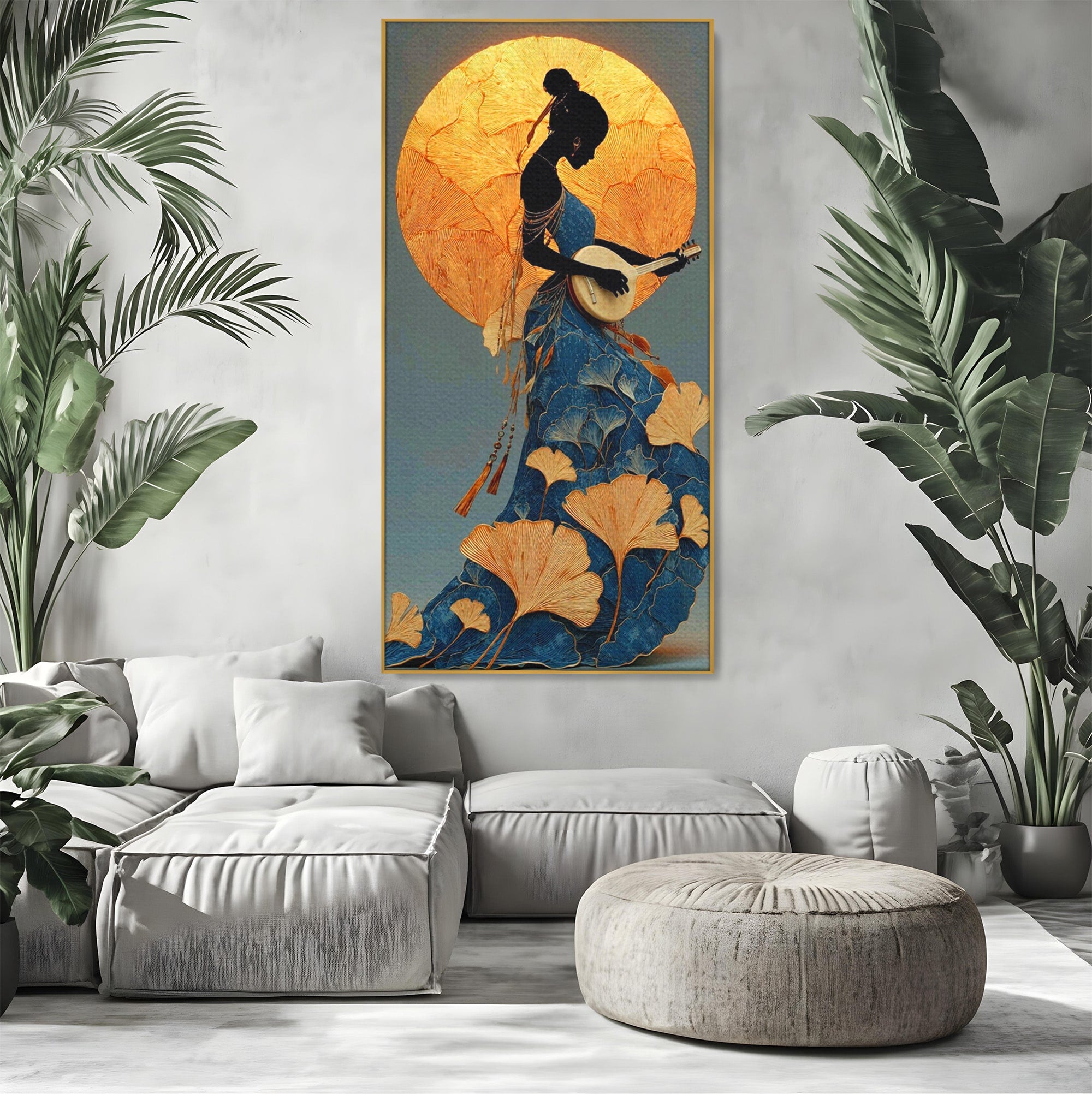 Tablou Canvas Premium LuxCanva® PI1058, Silueta Muzicala Sub Luna, Instrument, Muzica, Luna, Living, Arta, Culori Vibrante