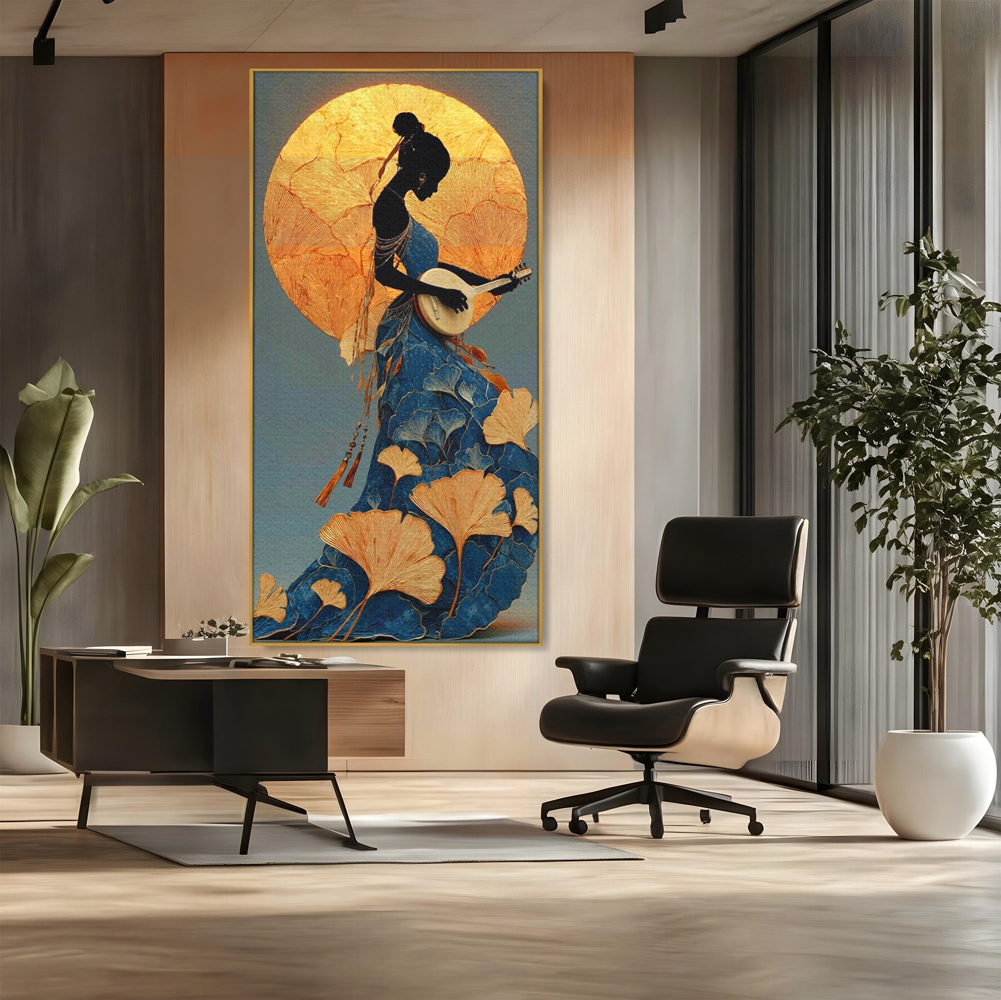 Tablou Canvas Premium LuxCanva® PI1058, Silueta Muzicala Sub Luna, Instrument, Muzica, Luna, Living, Arta, Culori Vibrante