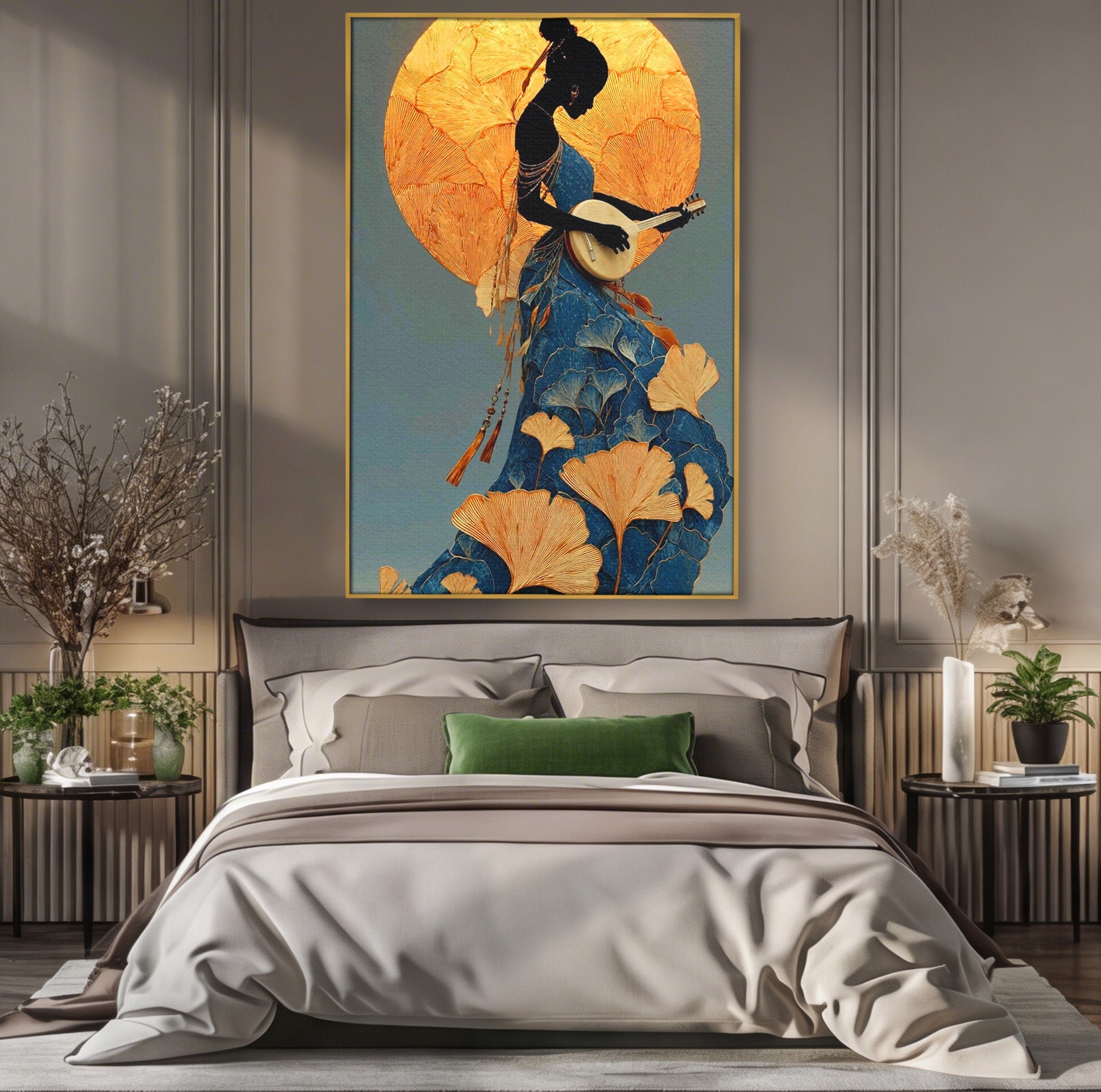 Tablou Canvas Premium LuxCanva® PI1058, Silueta Muzicala Sub Luna, Instrument, Muzica, Luna, Living, Arta, Culori Vibrante