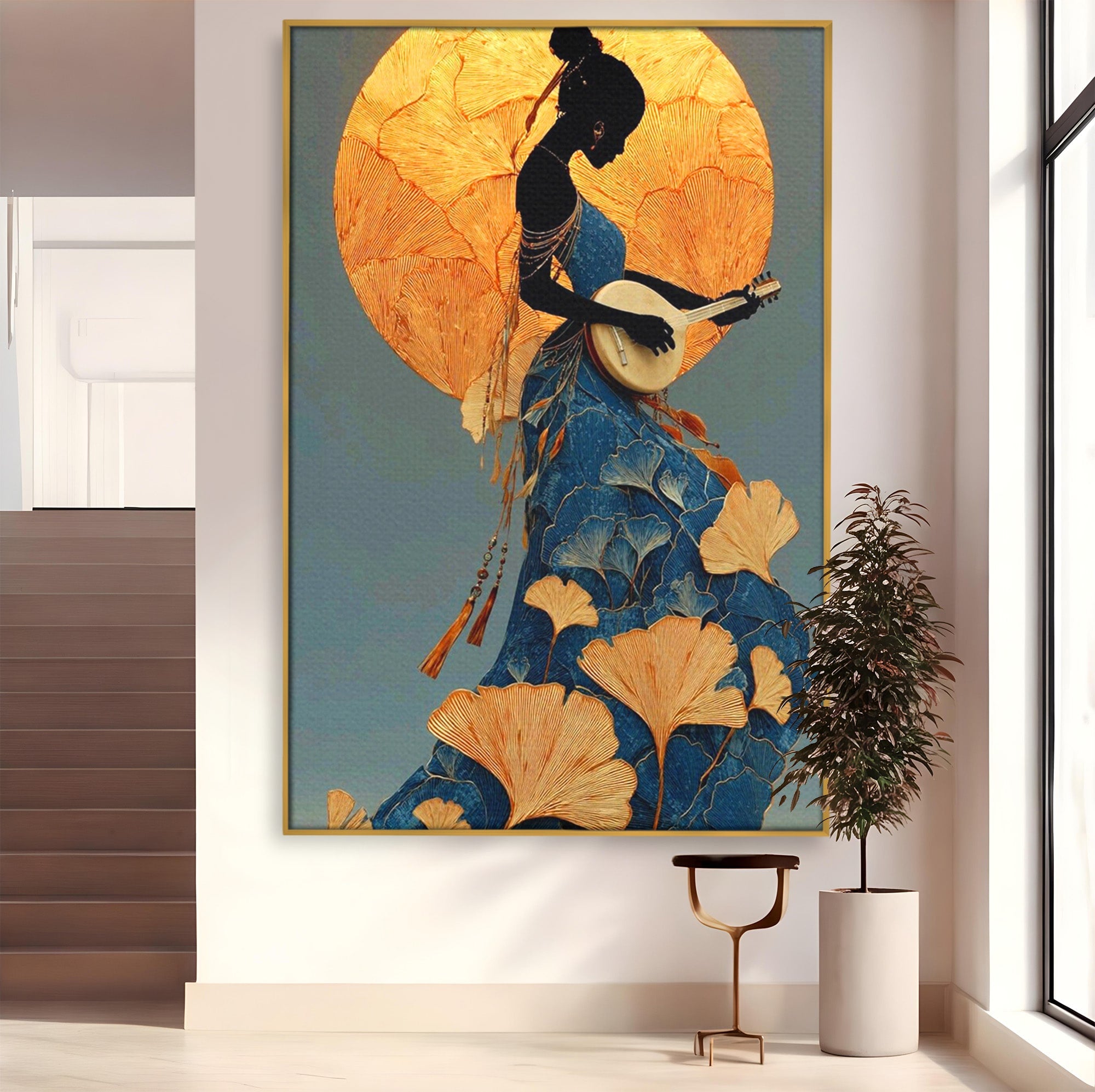 Tablou Canvas Premium LuxCanva® PI1058, Silueta Muzicala Sub Luna, Instrument, Muzica, Luna, Living, Arta, Culori Vibrante