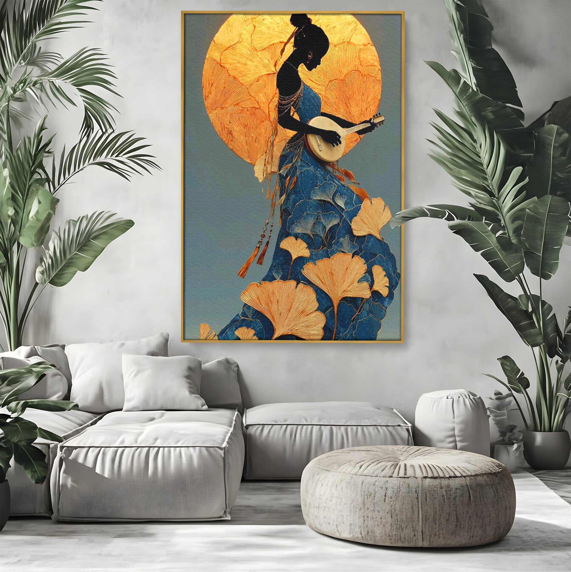 Tablou Canvas Premium LuxCanva® PI1058, Silueta Muzicala Sub Luna, Instrument, Muzica, Luna, Living, Arta, Culori Vibrante