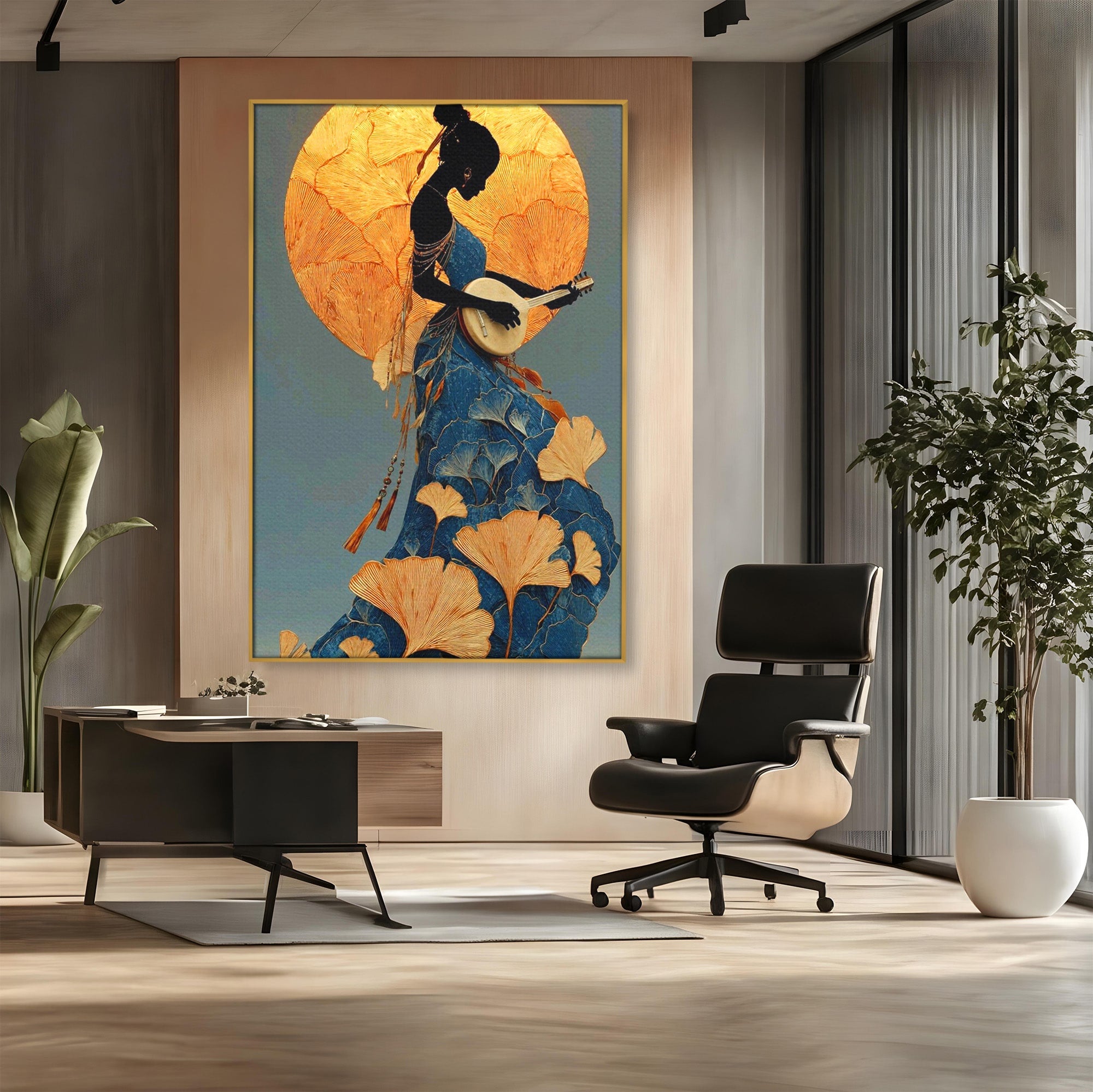 Tablou Canvas Premium LuxCanva® PI1058, Silueta Muzicala Sub Luna, Instrument, Muzica, Luna, Living, Arta, Culori Vibrante