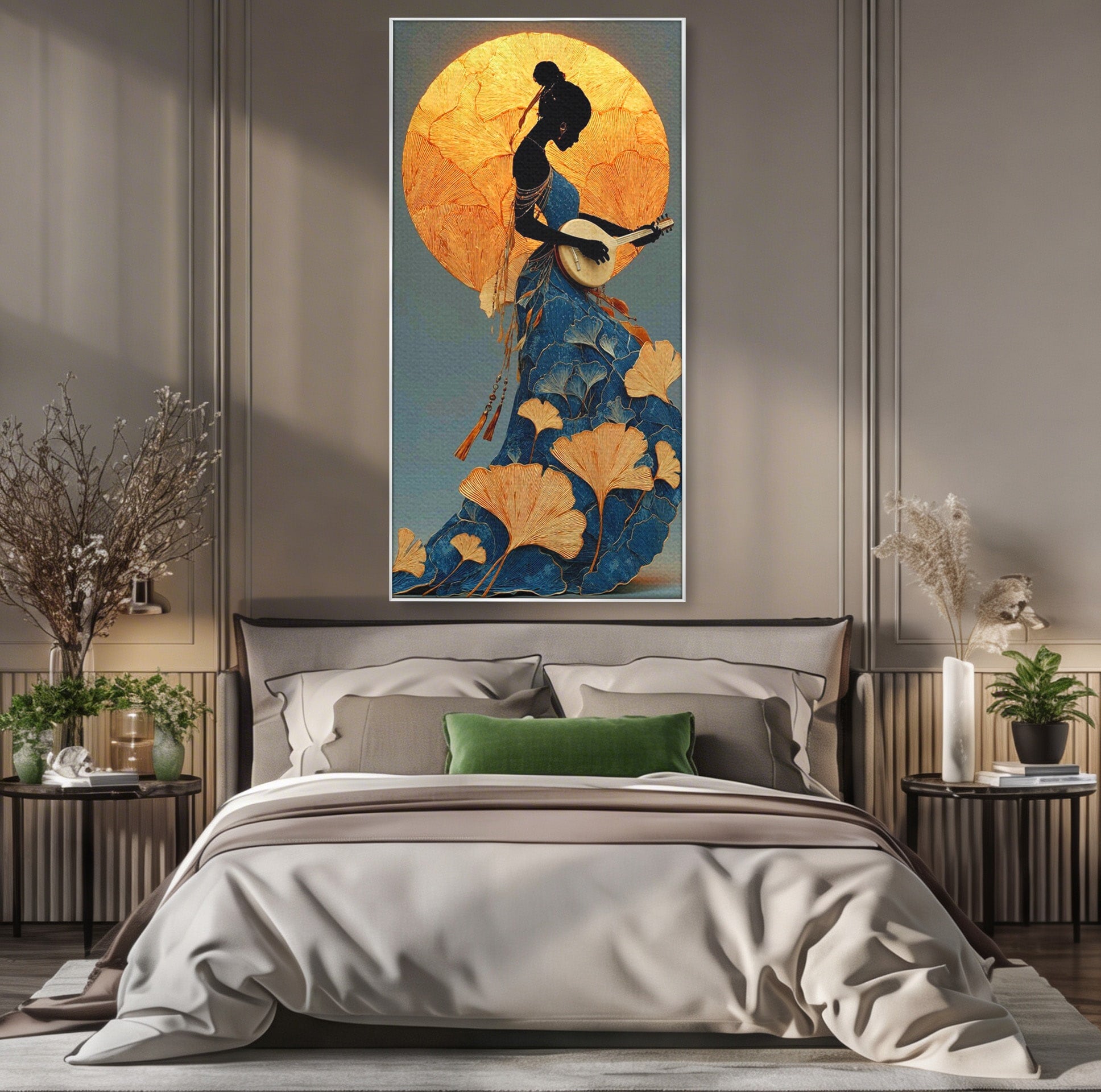 Tablou Canvas Premium LuxCanva® PI1058, Silueta Muzicala Sub Luna, Instrument, Muzica, Luna, Living, Arta, Culori Vibrante