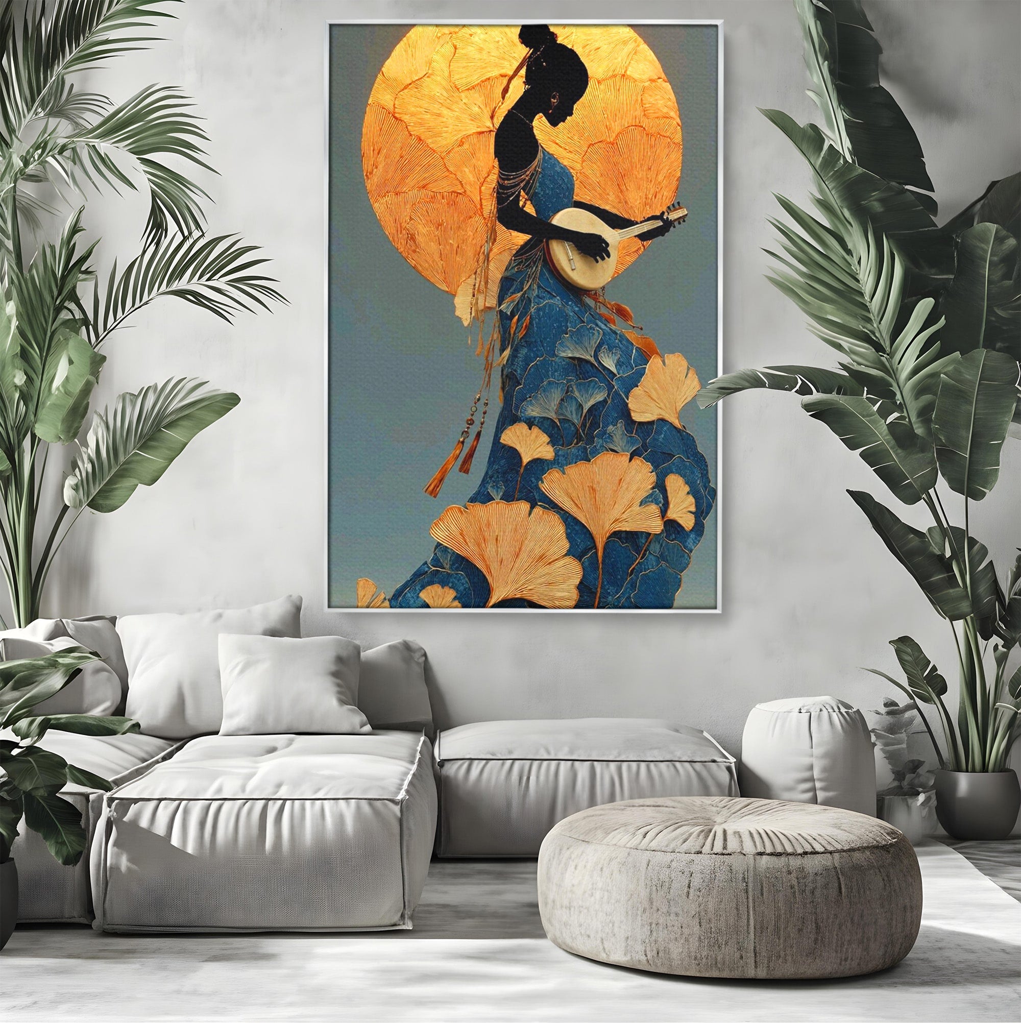 Tablou Canvas Premium LuxCanva® PI1058, Silueta Muzicala Sub Luna, Instrument, Muzica, Luna, Living, Arta, Culori Vibrante