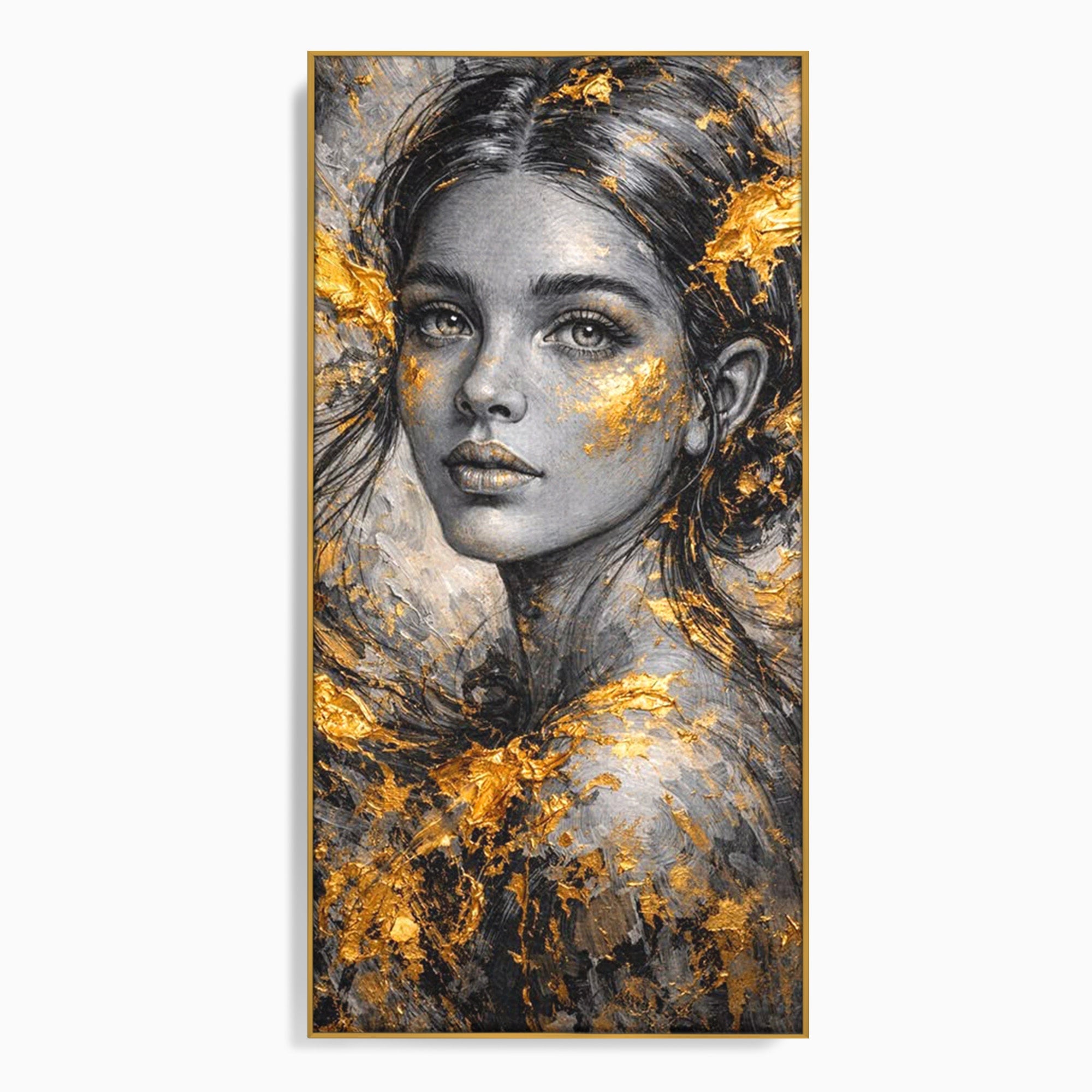 Tablou Canvas Premium LuxCanva® PI1059, Portret Aurit, Frumusete, Chip, Femeie, Arta, Eleganta, Living, Culori Vibrante