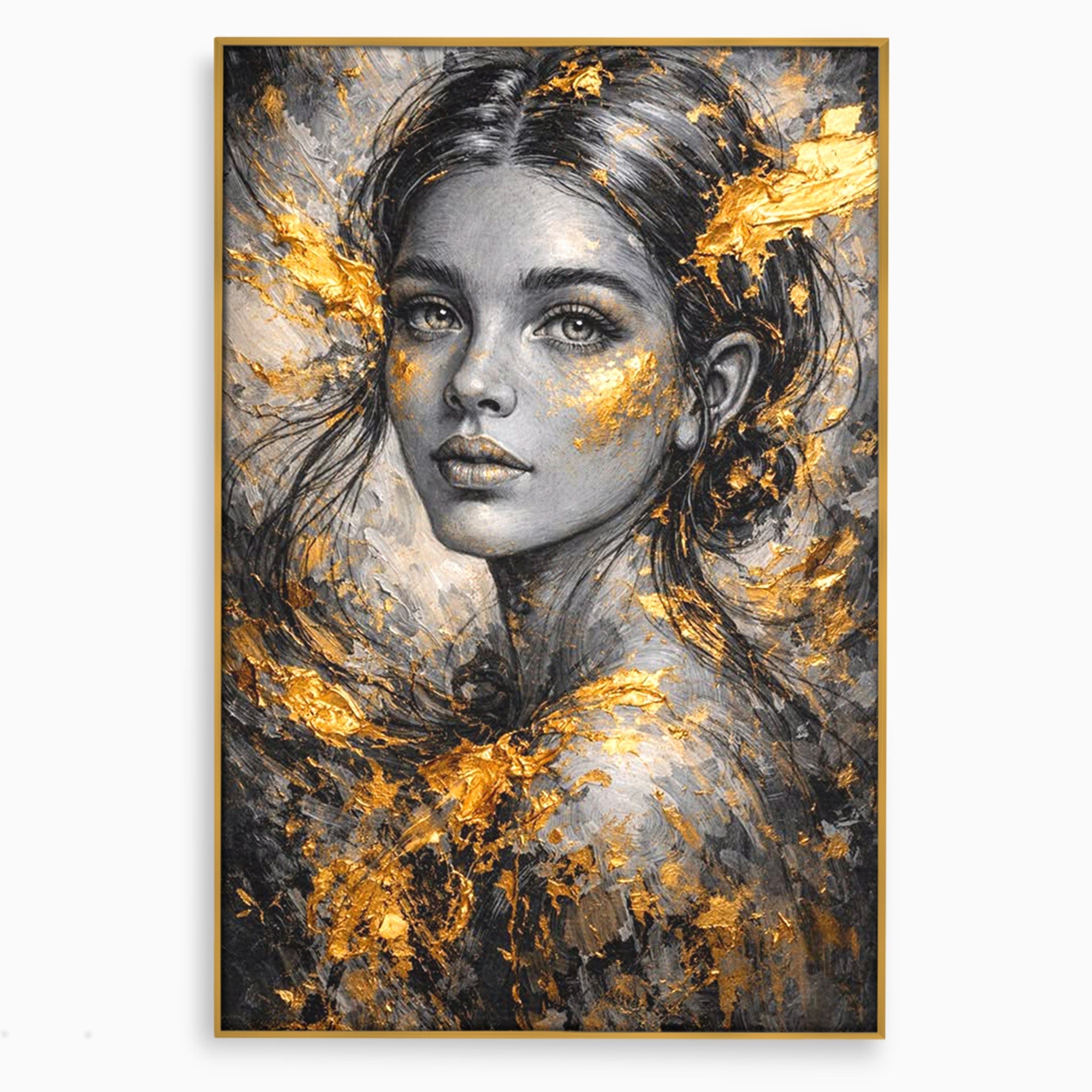 Tablou Canvas Premium LuxCanva® PI1059, Portret Aurit, Frumusete, Chip, Femeie, Arta, Eleganta, Living, Culori Vibrante