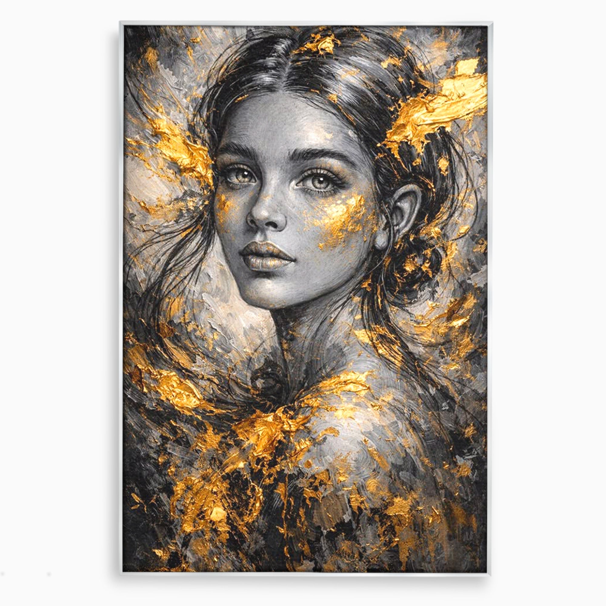 Tablou Canvas Premium LuxCanva® PI1059, Portret Aurit, Frumusete, Chip, Femeie, Arta, Eleganta, Living, Culori Vibrante