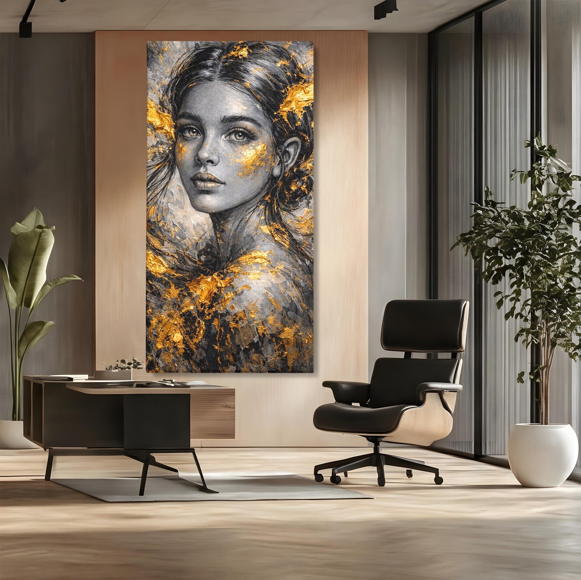 Tablou Canvas Premium LuxCanva® PI1059, Portret Aurit, Frumusete, Chip, Femeie, Arta, Eleganta, Living, Culori Vibrante
