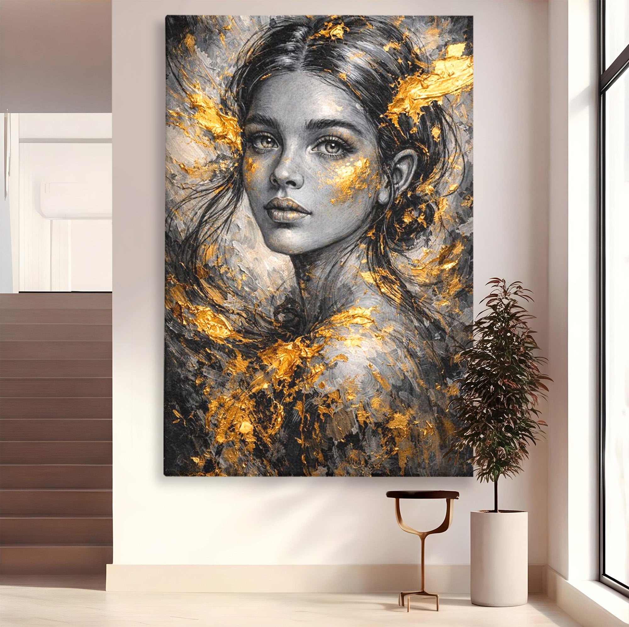 Tablou Canvas Premium LuxCanva® PI1059, Portret Aurit, Frumusete, Chip, Femeie, Arta, Eleganta, Living, Culori Vibrante