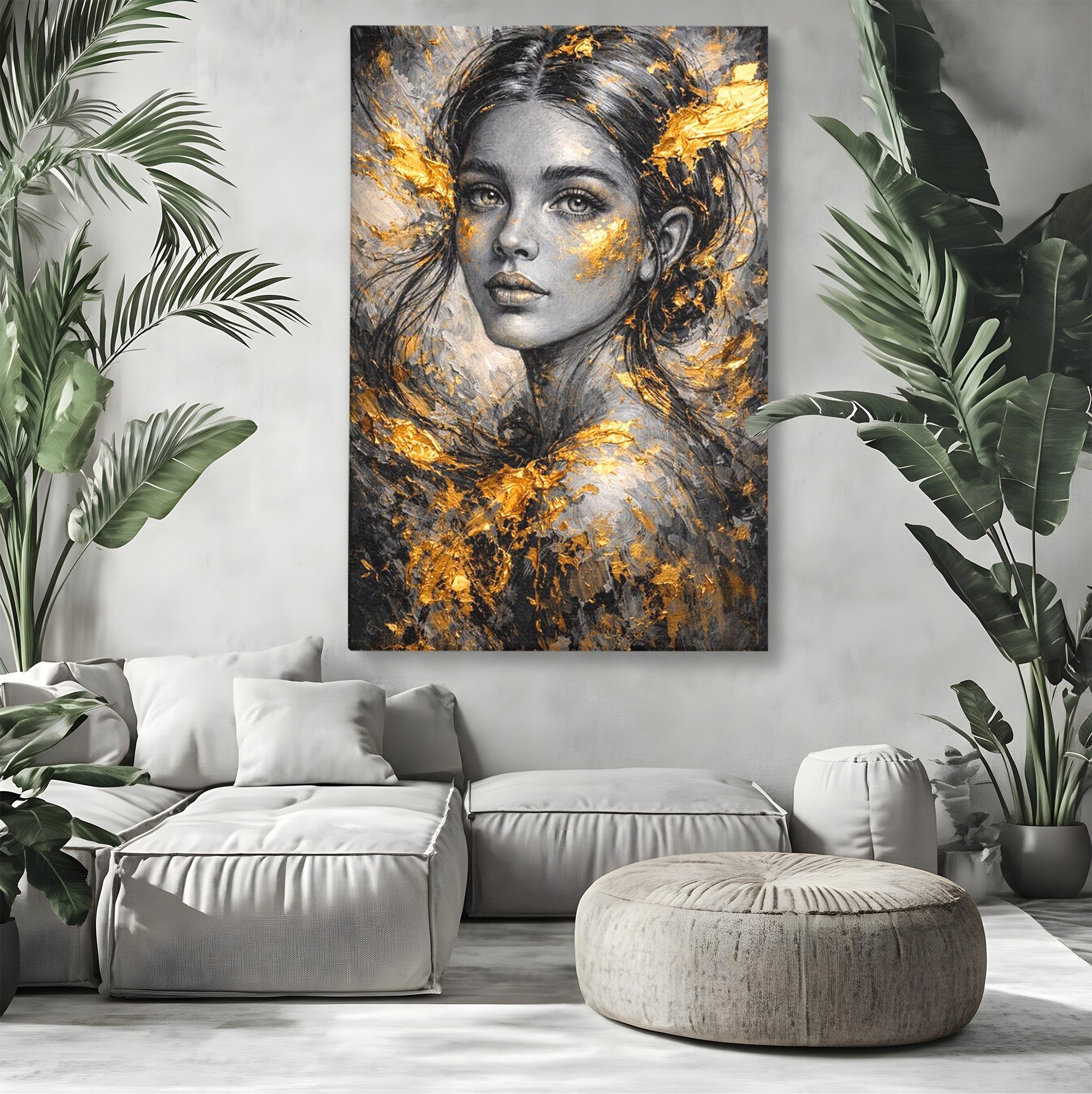 Tablou Canvas Premium LuxCanva® PI1059, Portret Aurit, Frumusete, Chip, Femeie, Arta, Eleganta, Living, Culori Vibrante