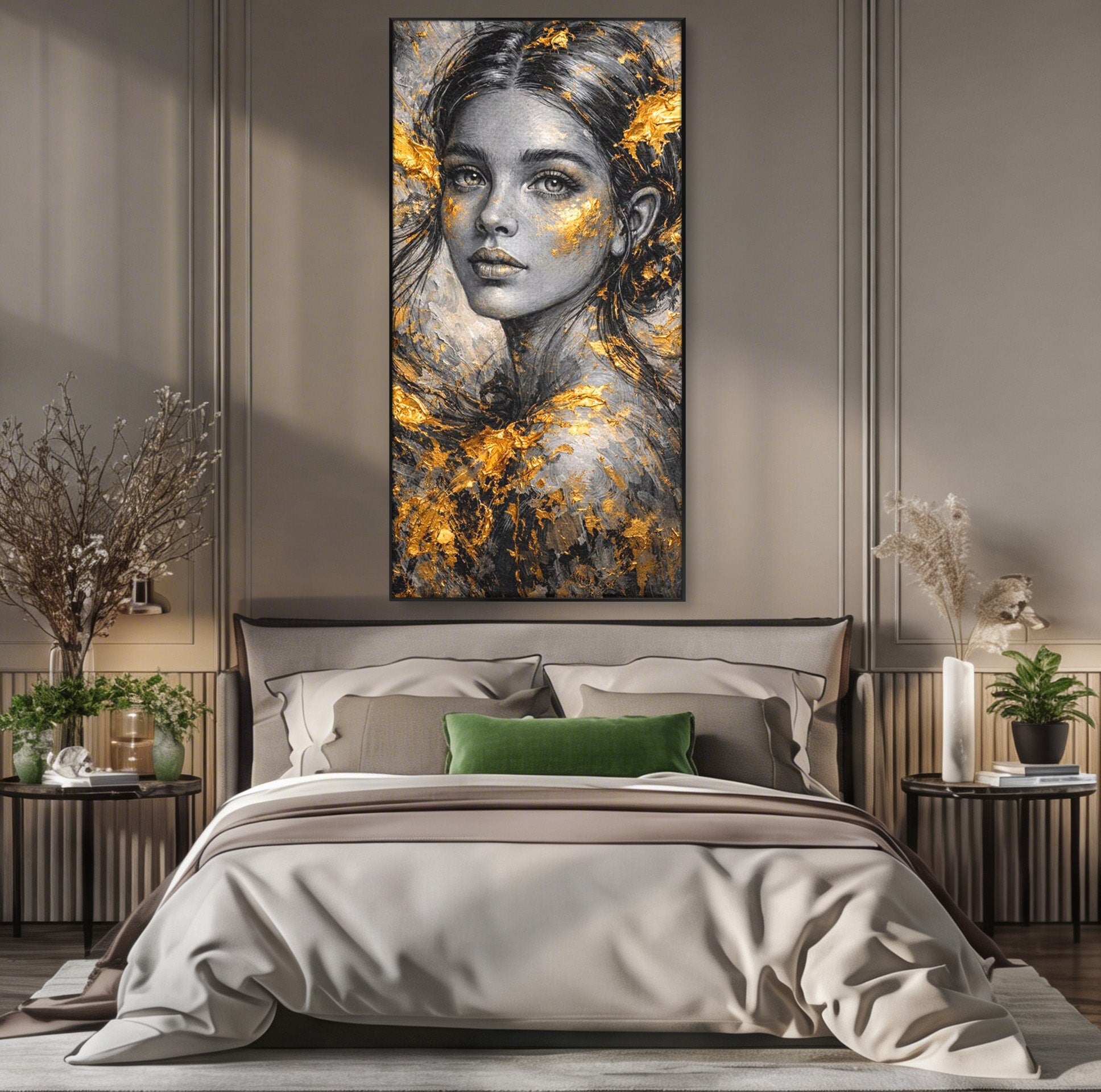 Tablou Canvas Premium LuxCanva® PI1059, Portret Aurit, Frumusete, Chip, Femeie, Arta, Eleganta, Living, Culori Vibrante